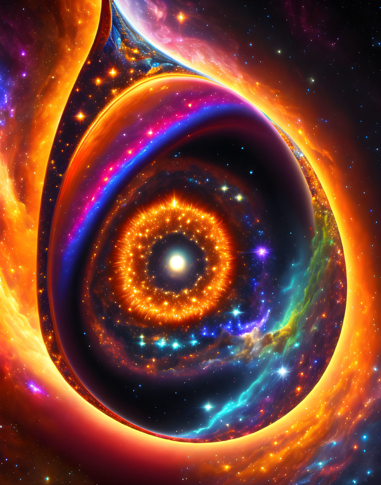 Colorful digital artwork of swirling galaxy and stars in cosmic scene.