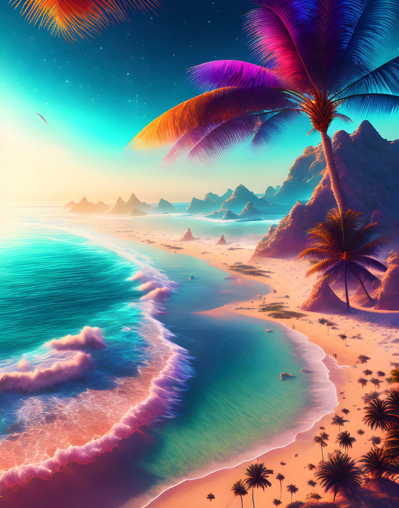 Tropical beach scene with palm trees, ocean waves, mountains, and starry sky