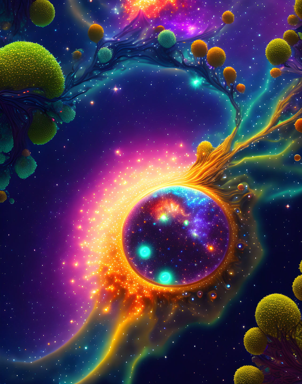 Vibrant cosmic image: Glowing orb, luminous lifeforms, interconnected branches, starry