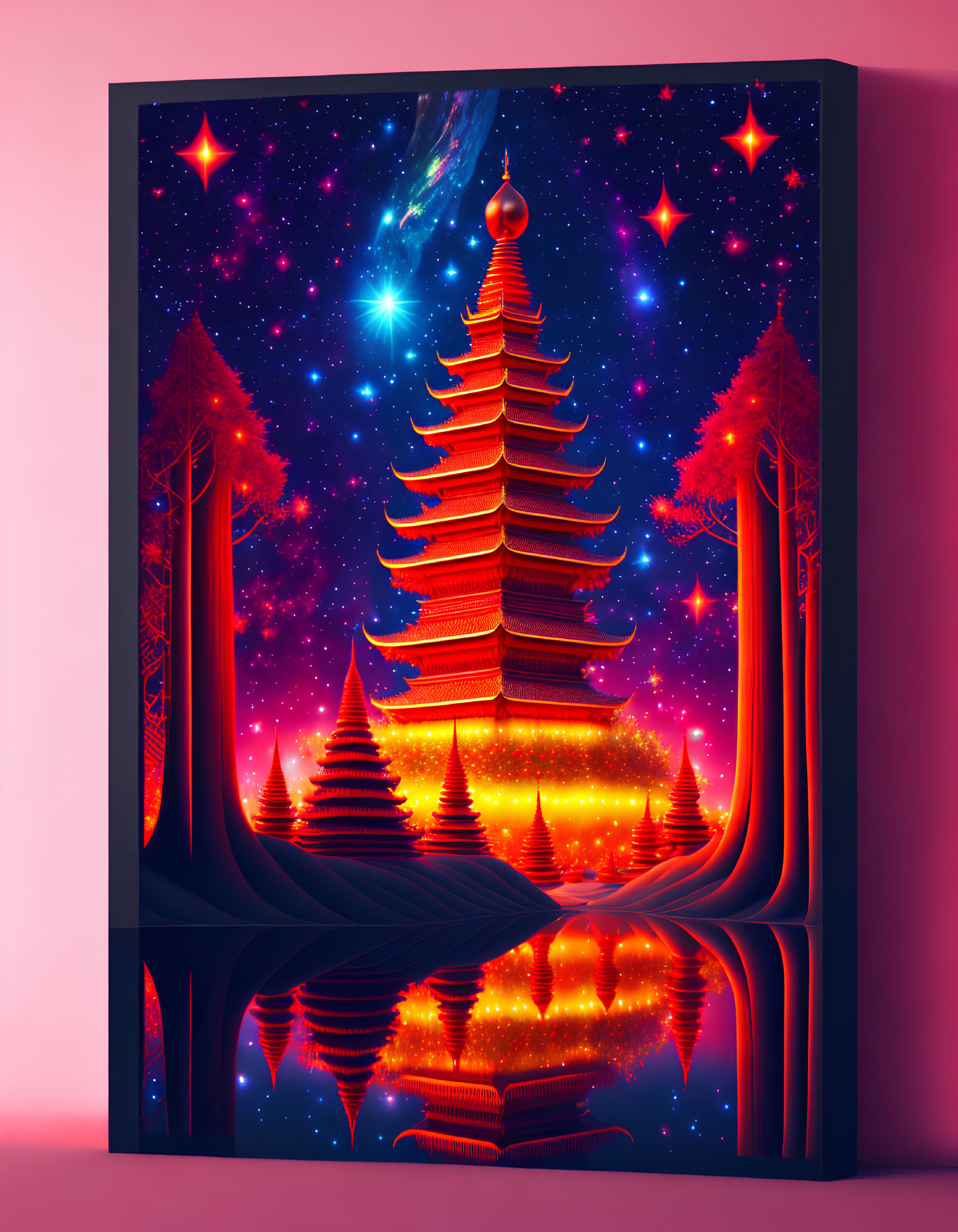 Luminous multi-tiered pagoda in cosmic night scene