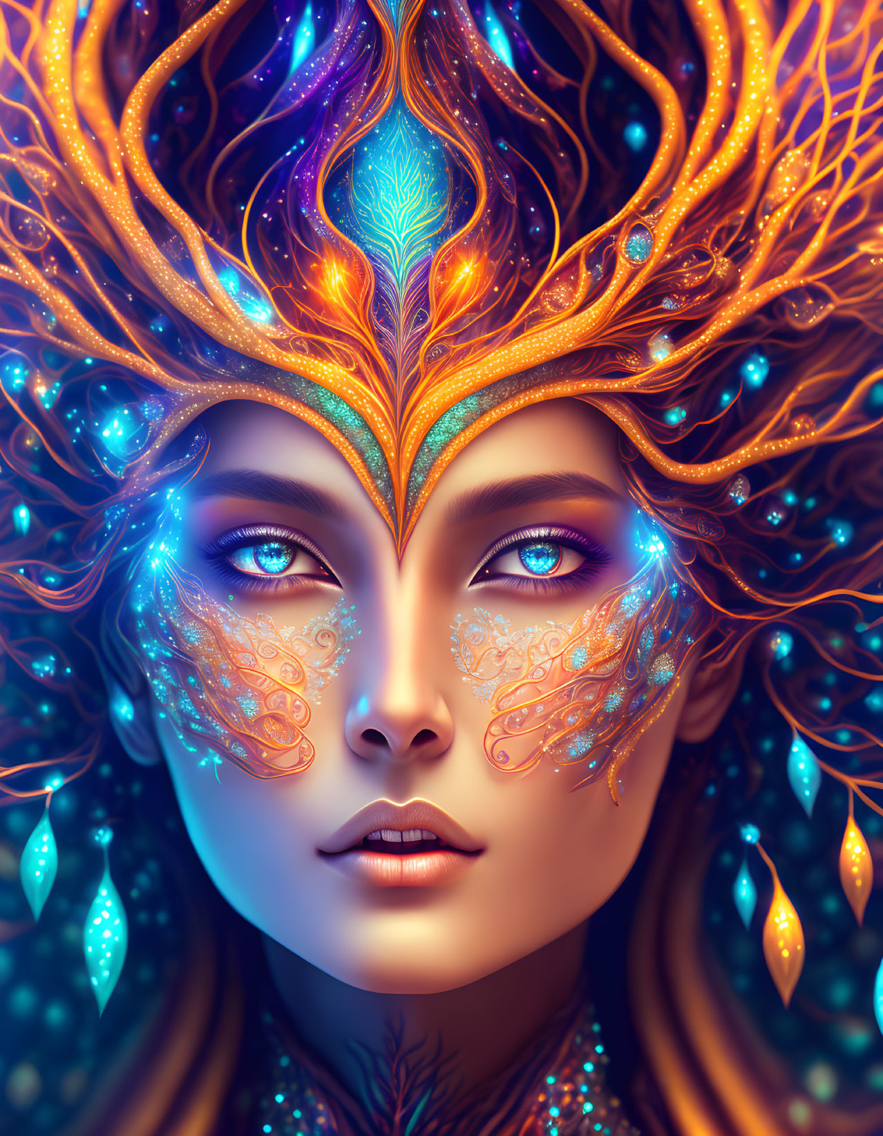 Fantasy illustration of a woman with fiery-orange headdress and luminous blue gems