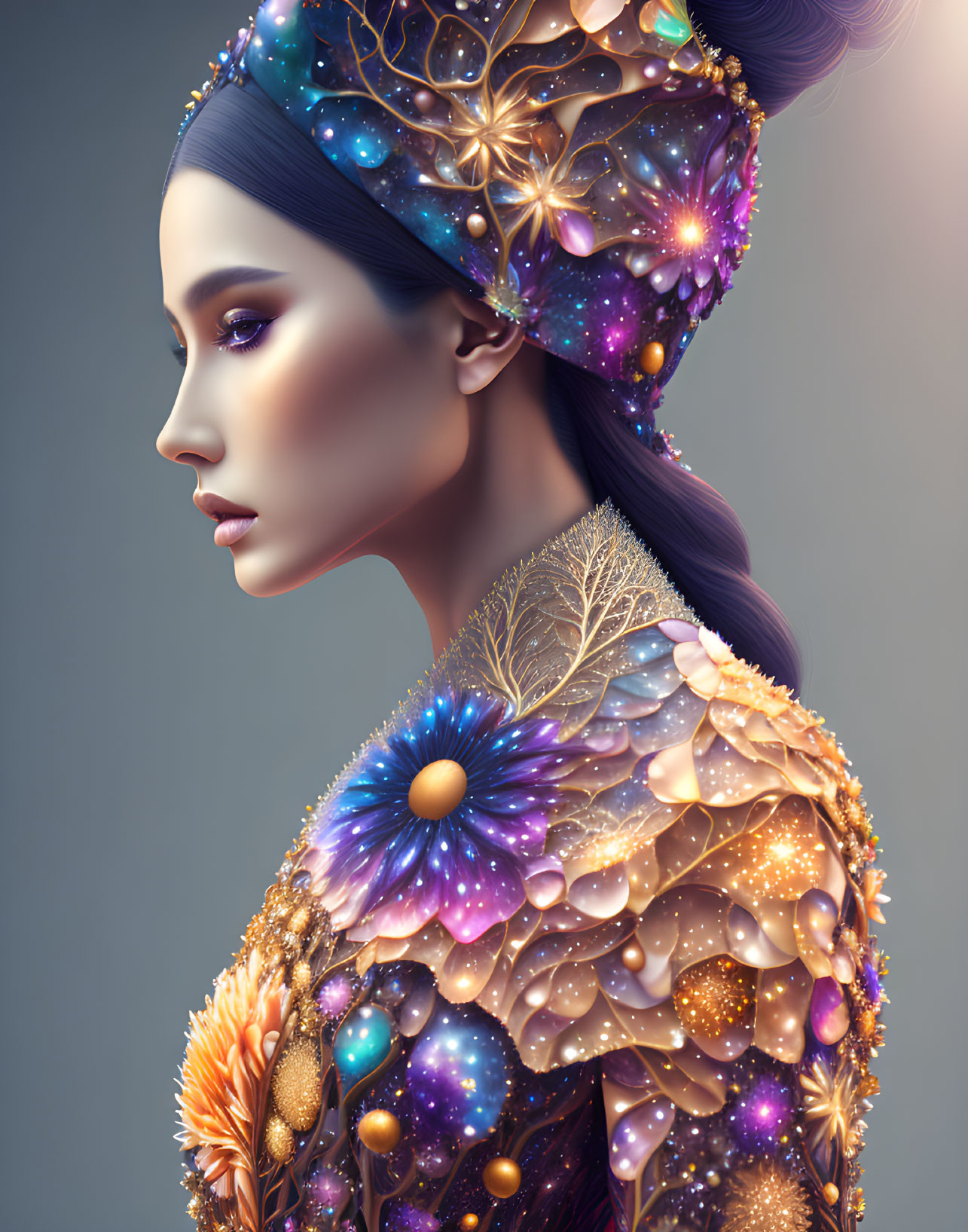 Cosmic-themed surreal portrait of a woman in floral galaxy outfit