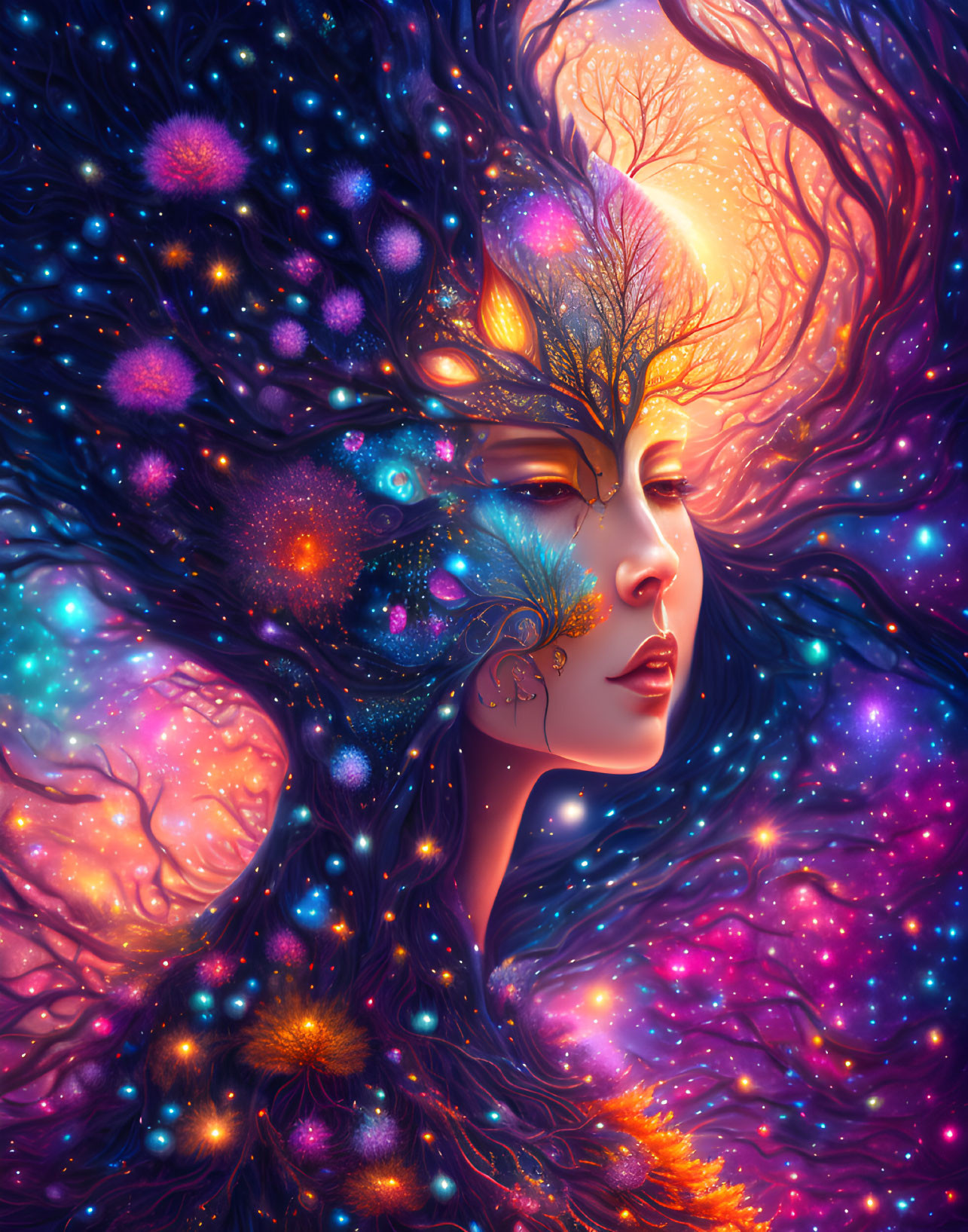 Colorful woman profile merging with cosmic tree and stars.