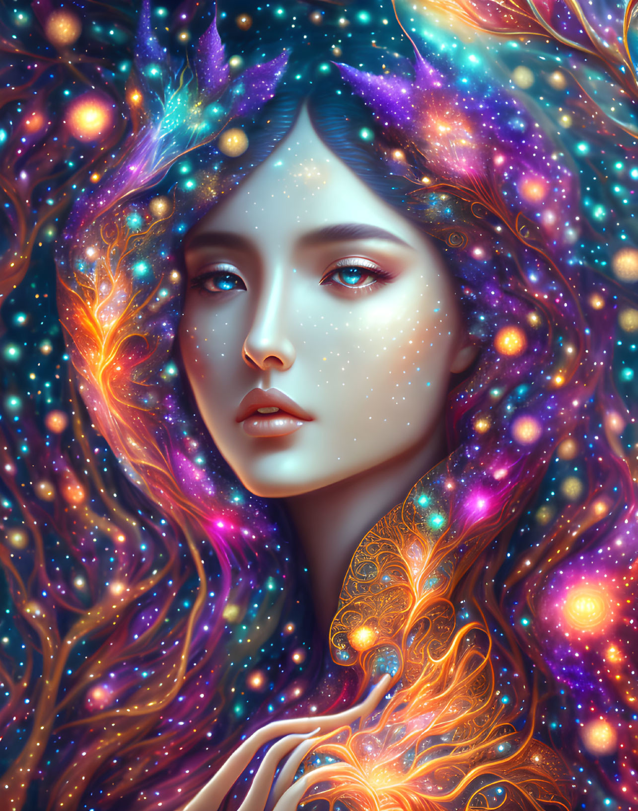 Cosmic-themed portrait of a female figure with celestial hair and crown