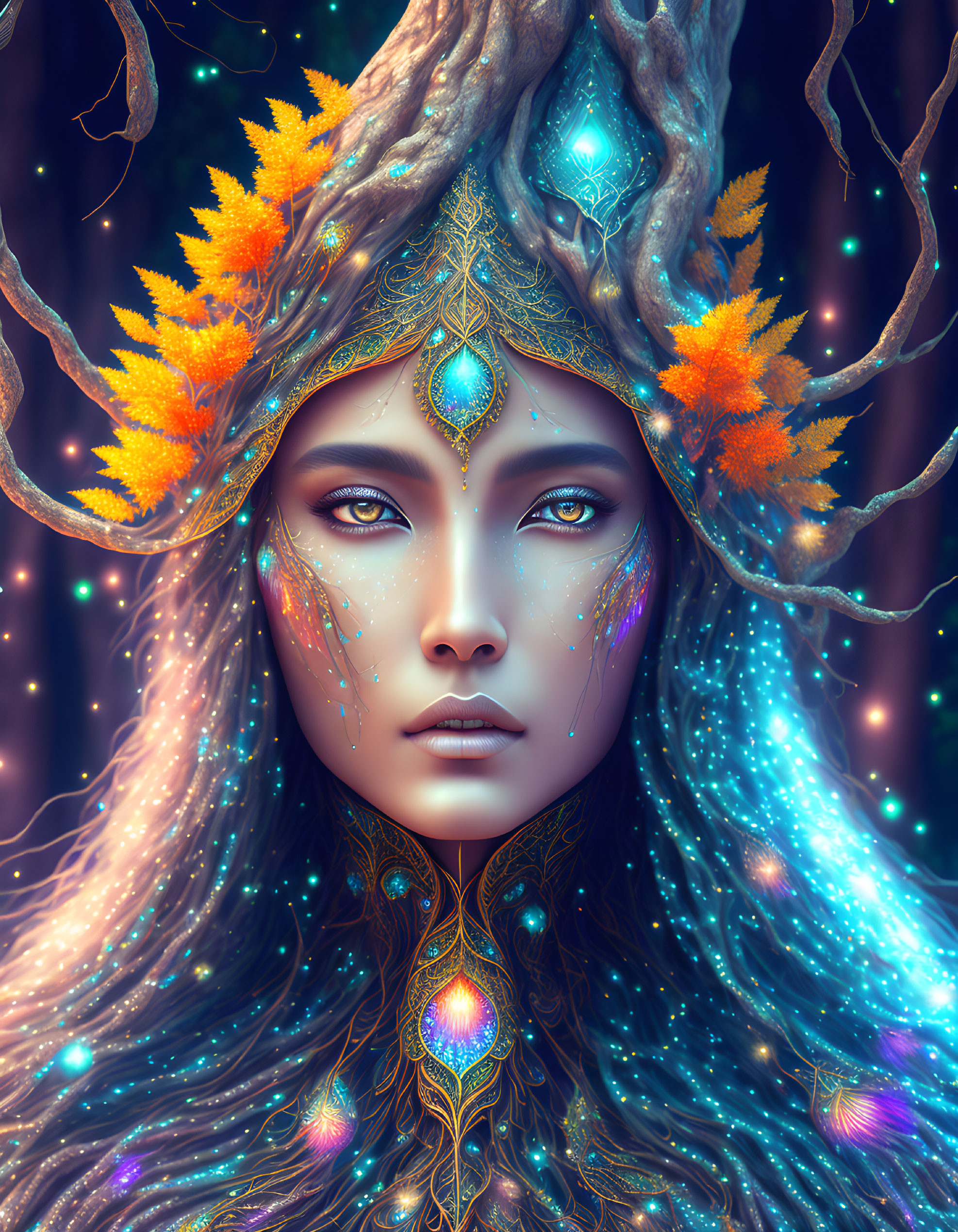 Mystical figure adorned with autumn leaves and jewels under starlit sky