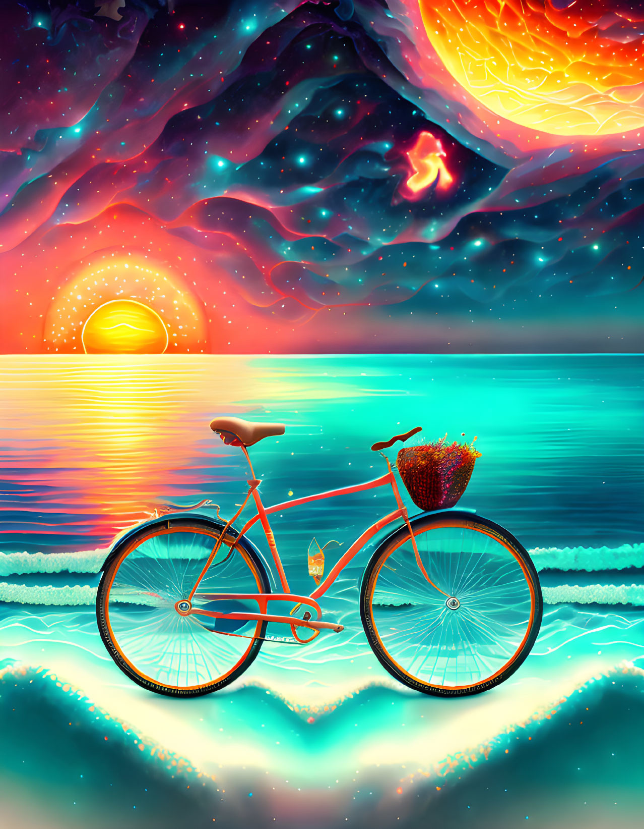 Surreal bike by glowing sea under cosmic sky with sun, stars, and nebula