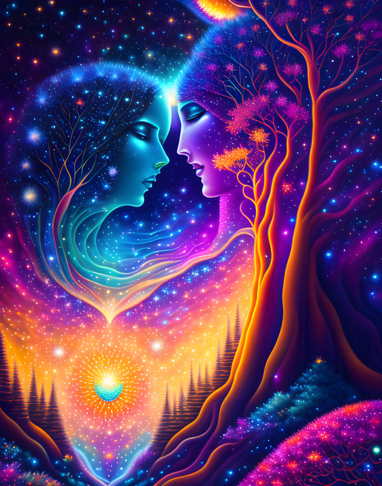 Illustration featuring two profile faces with cosmic and natural elements on starry backdrop