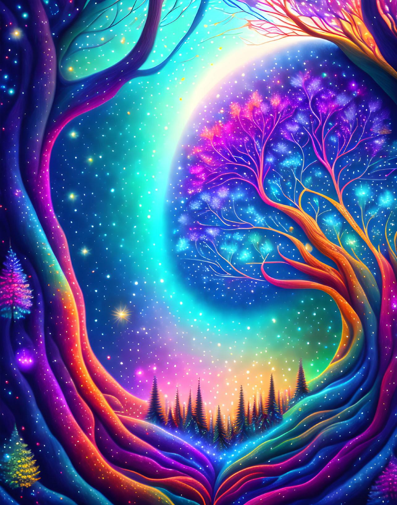 Colorful Whimsical Night Sky Illustration with Moon and Vibrant Trees
