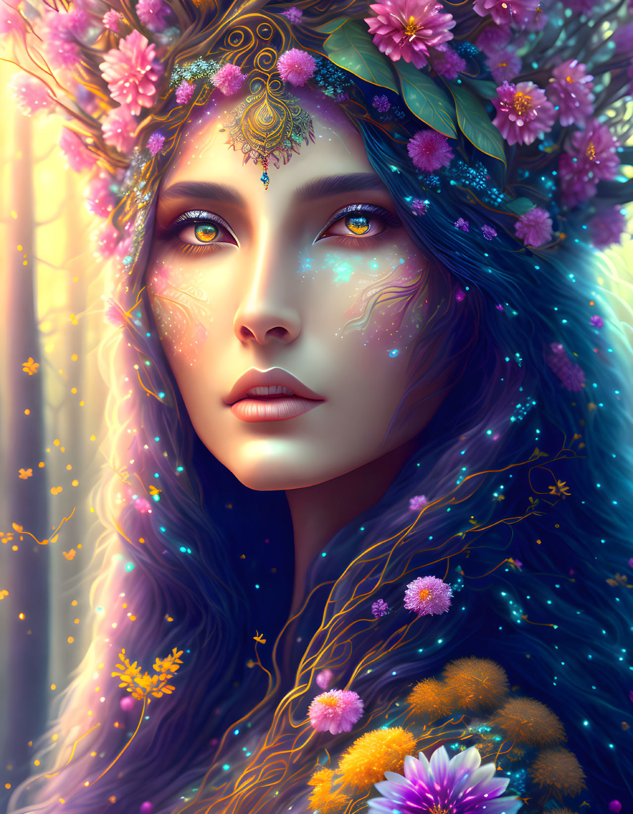 Colorful Face Paint and Floral Crown on Mystical Woman