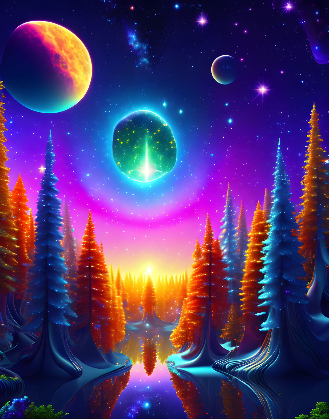 Colorful Fantasy Landscape with Glowing Trees and Starry Sky