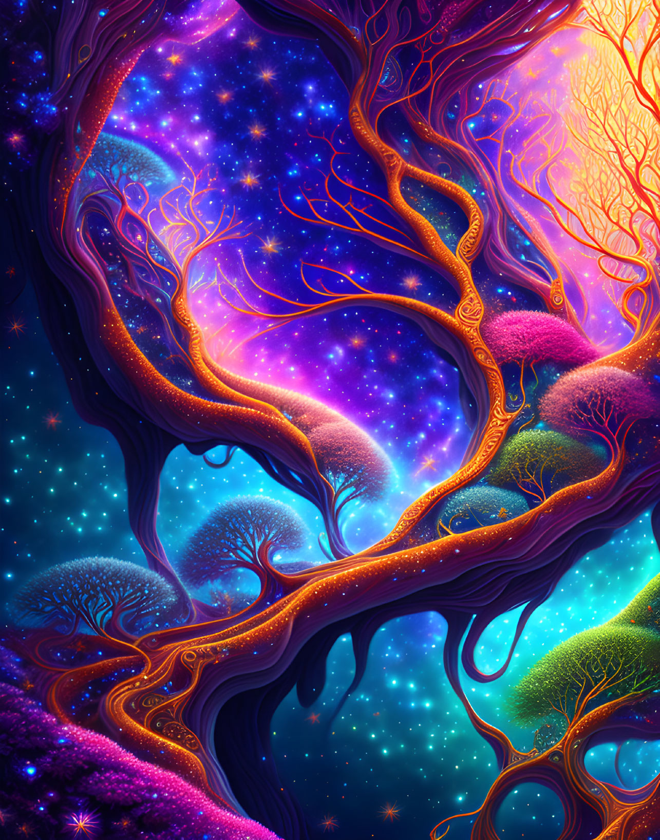 Fantastical illustration of glowing tree canopy in cosmic forest