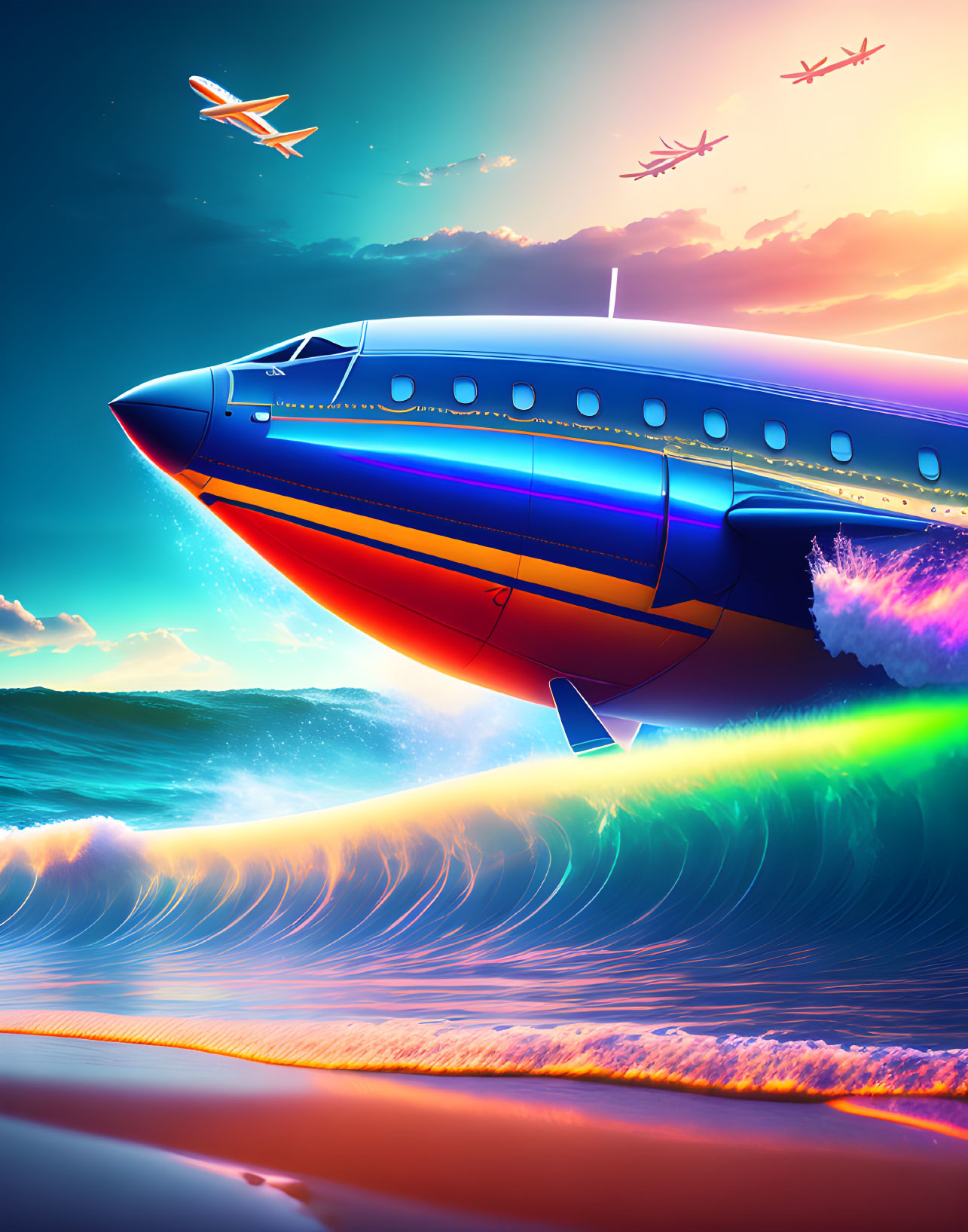 Colorful sunset painting of airplanes over ocean waves