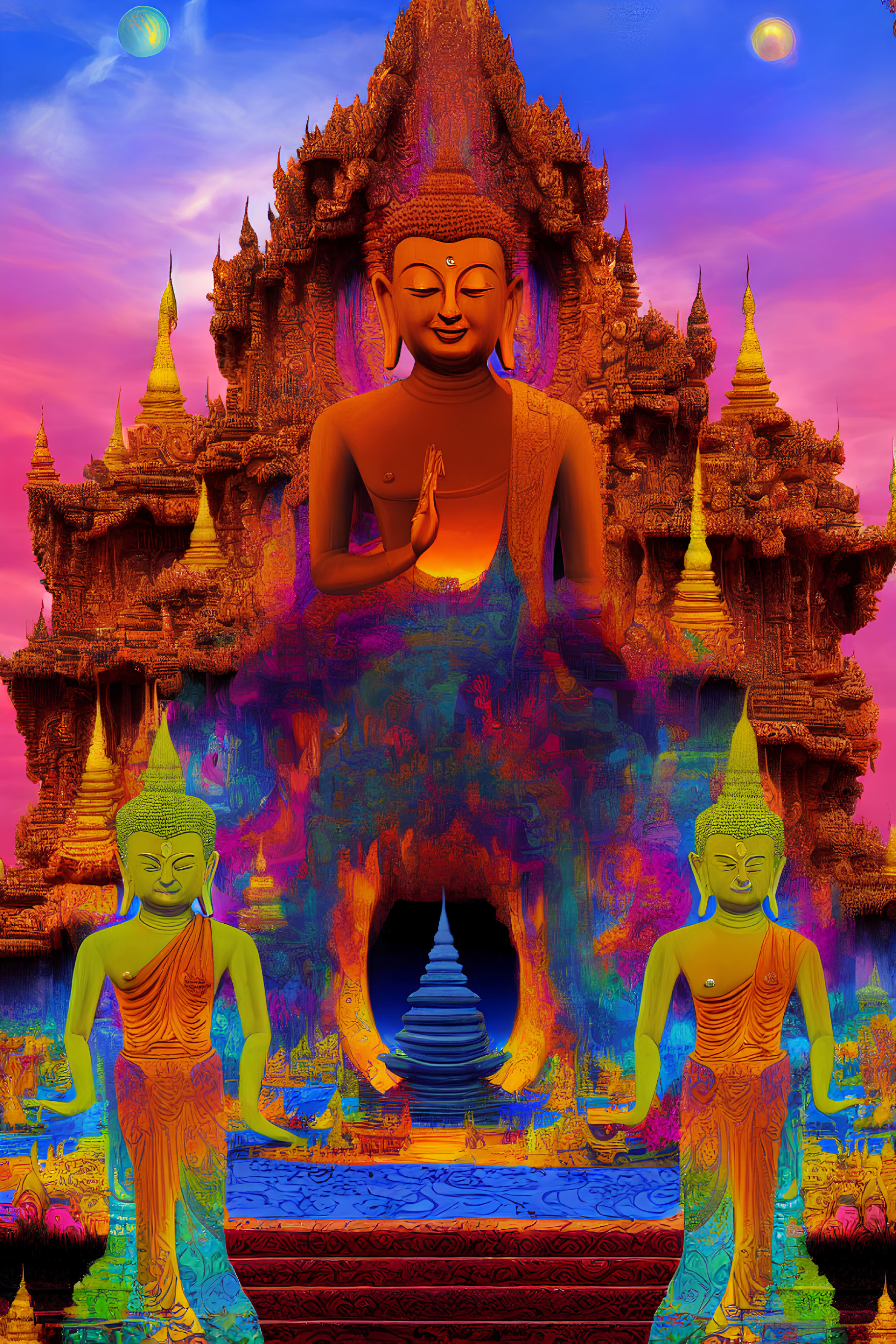 Colorful digital artwork of Buddha in meditative pose with temple backdrop