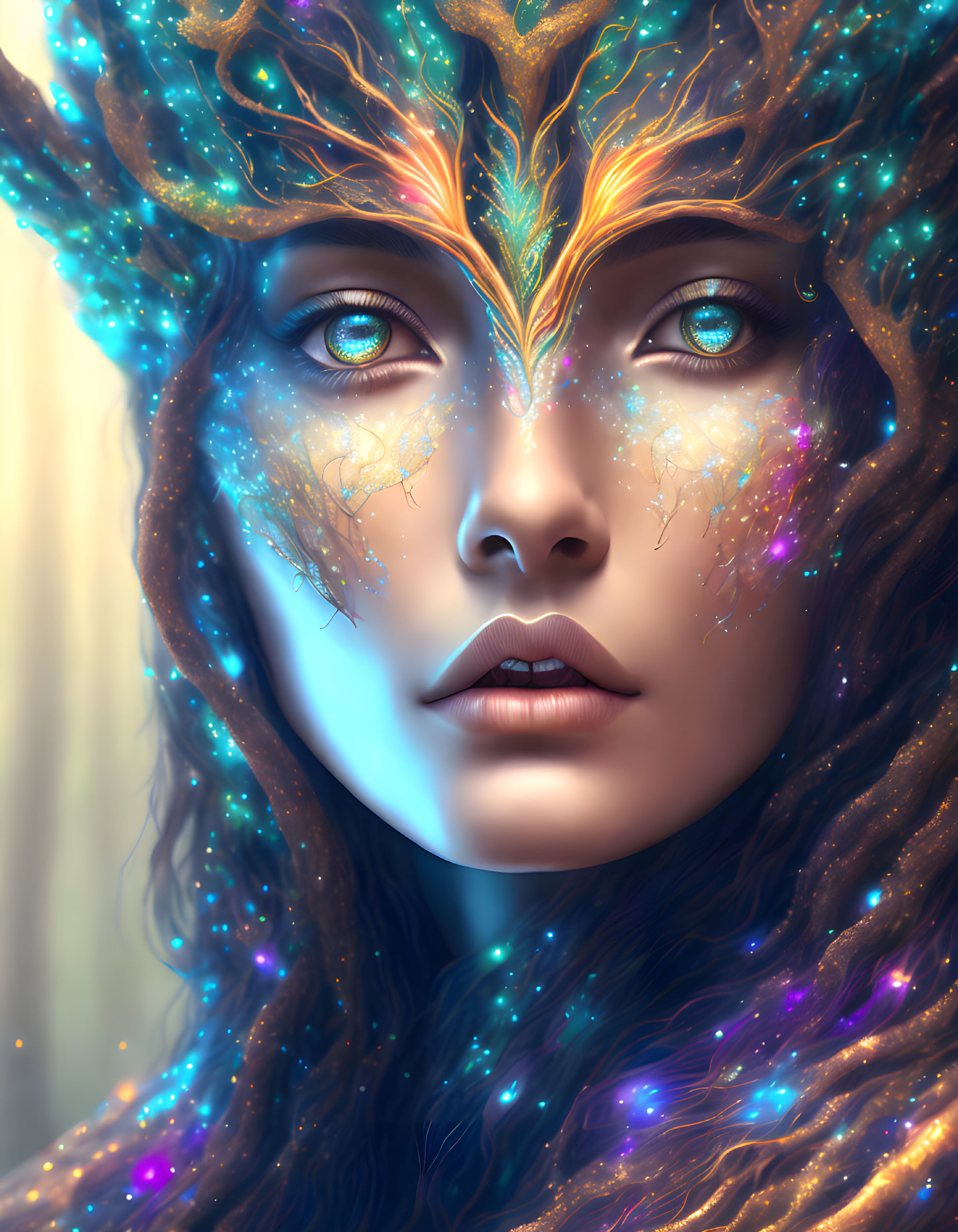 Portrait of woman with cosmic skin patterns and starry crown