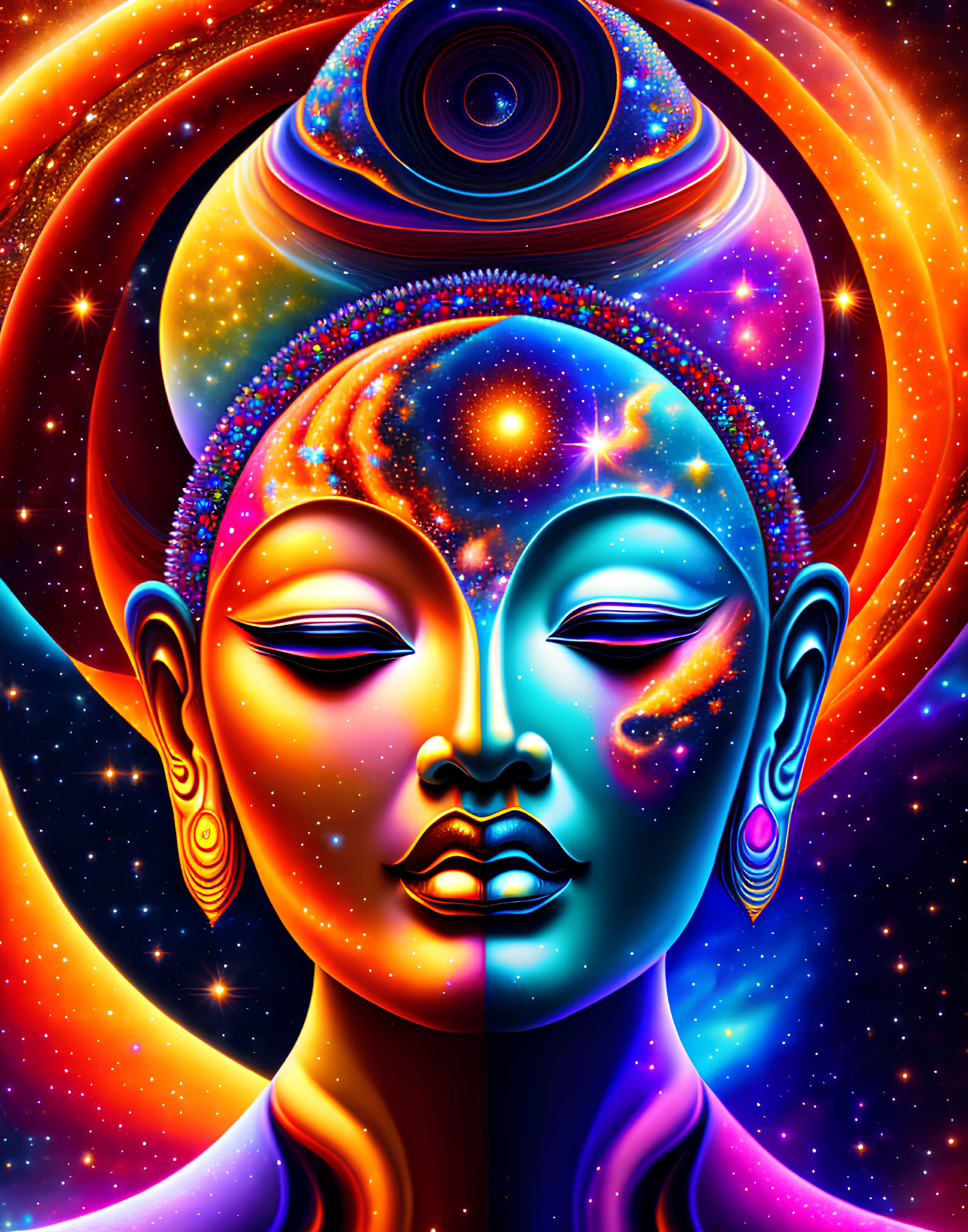 Dual-faced cosmic figure with celestial elements in vibrant digital art