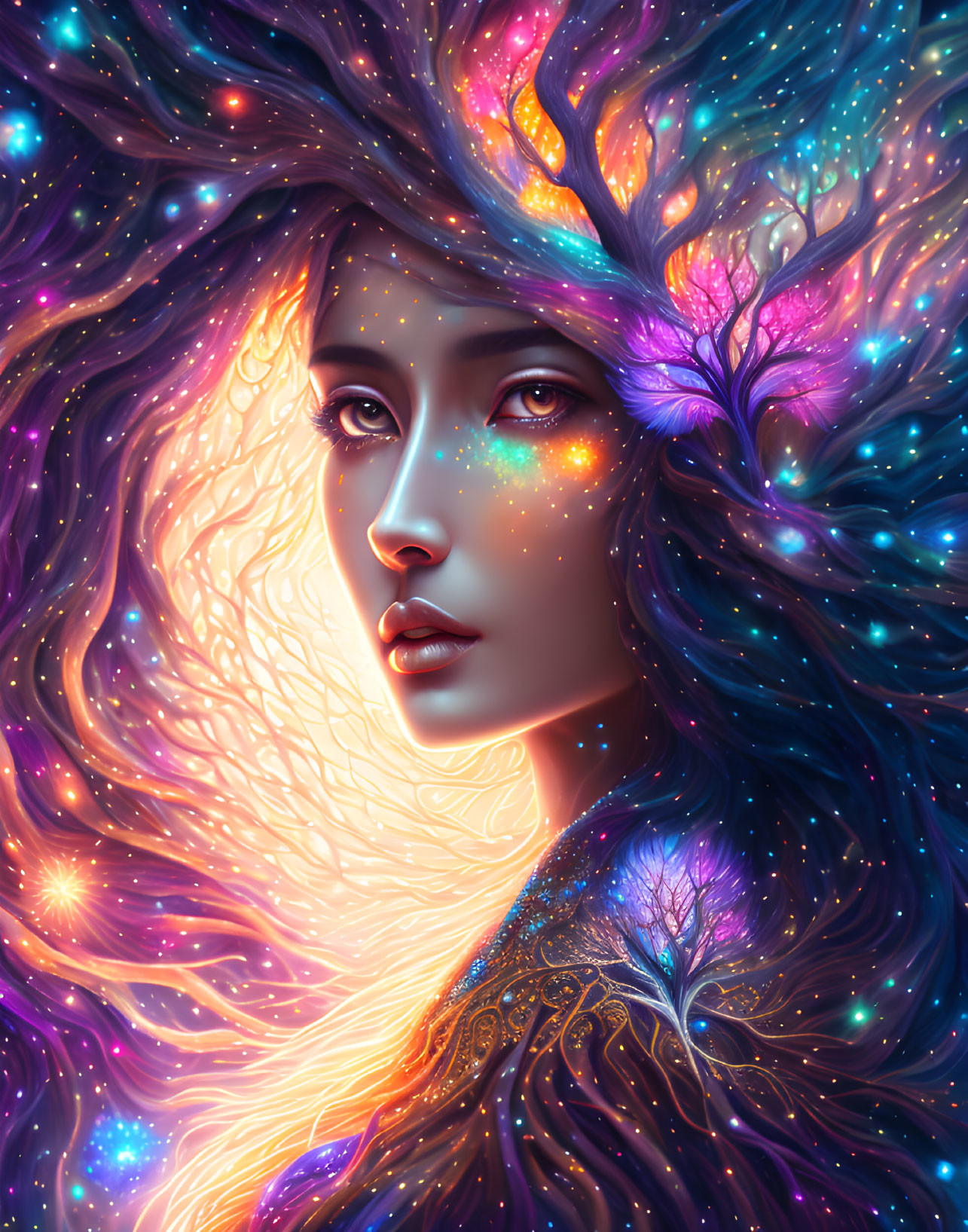 Colorful digital artwork of woman with cosmic tree hair in blue and orange hues.