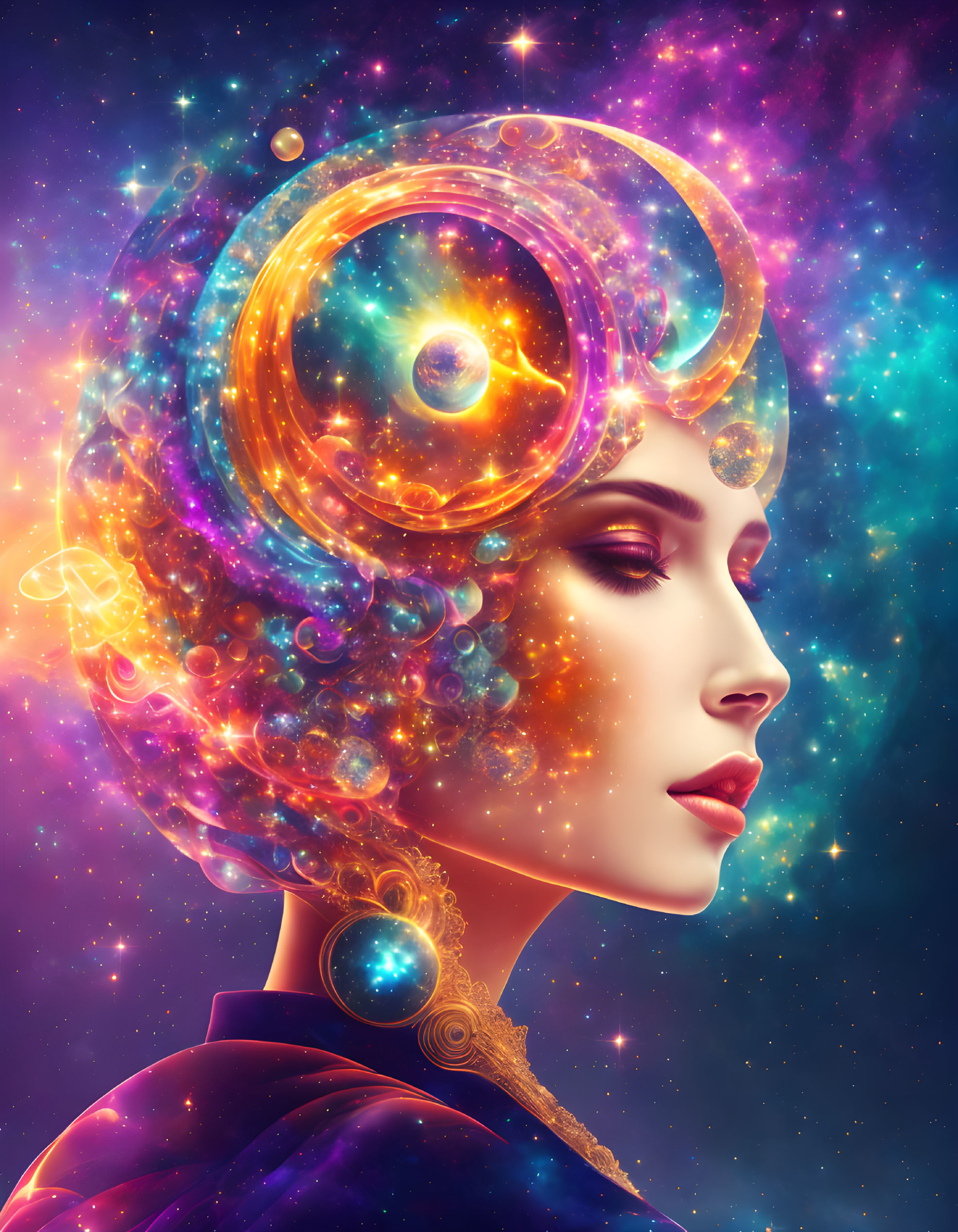 Vibrant digital artwork of woman's profile with cosmic headpiece.