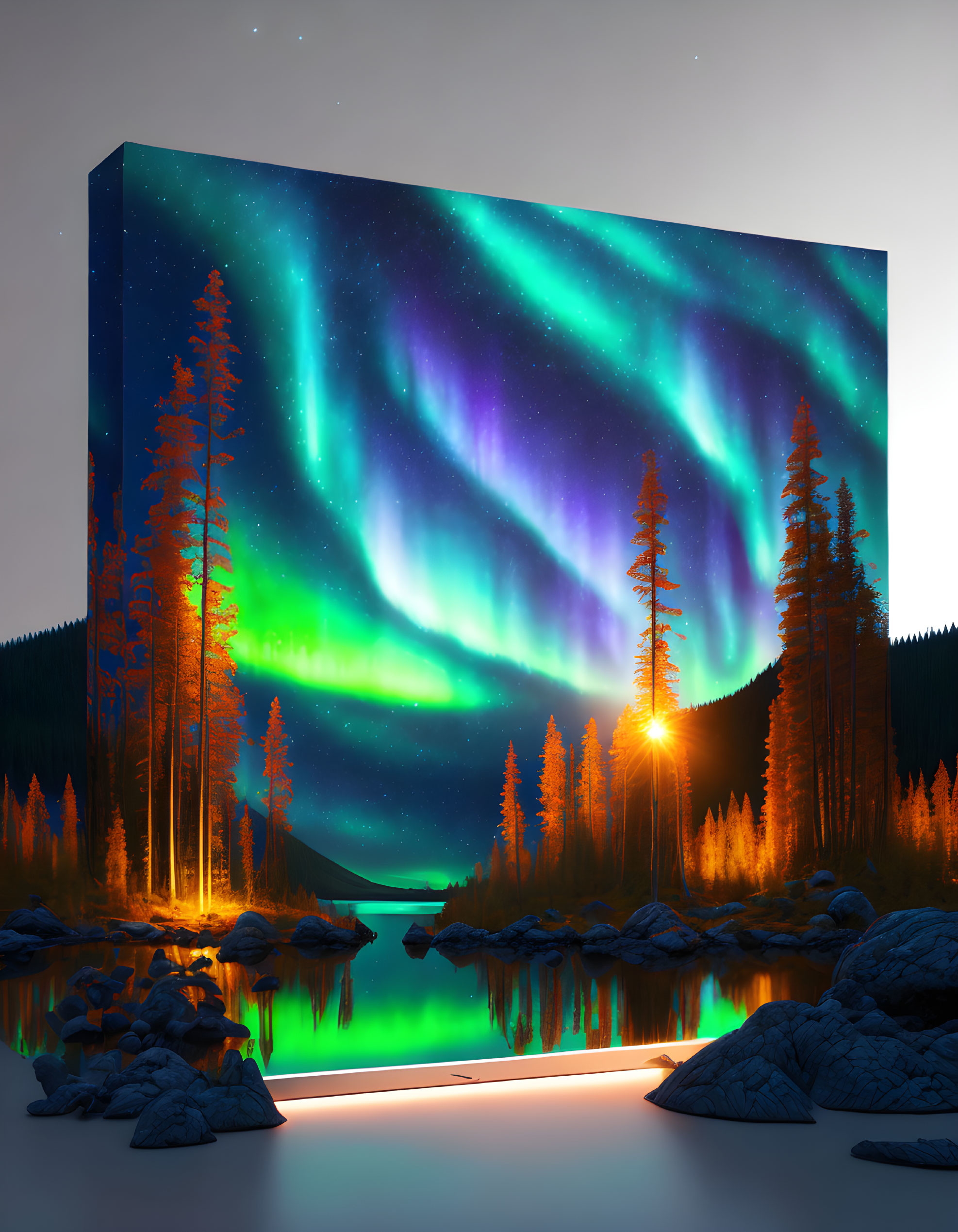 Forest and Lake Under Neon Aurora Borealis