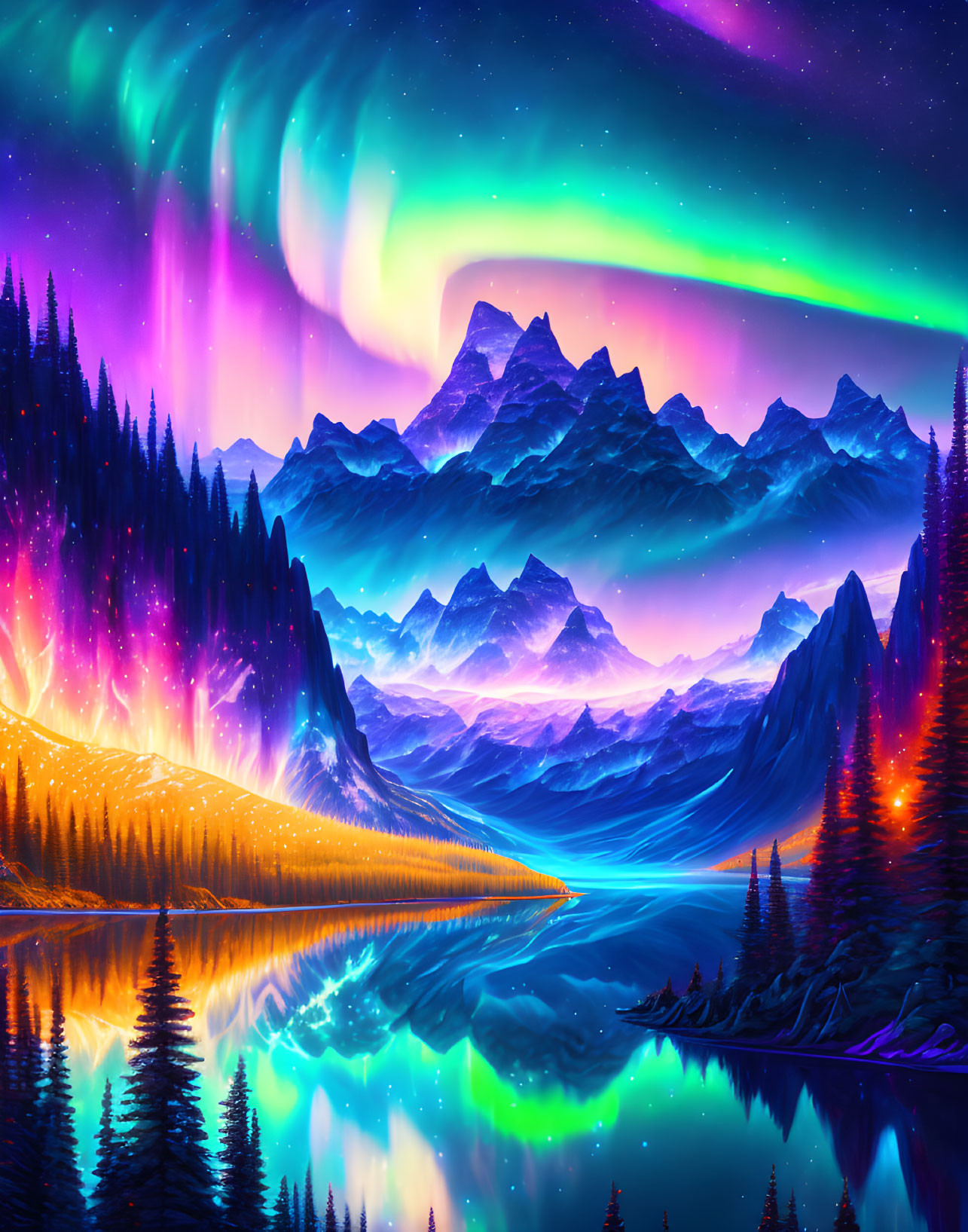 Digital Art: Aurora Sky over Mountain Landscape