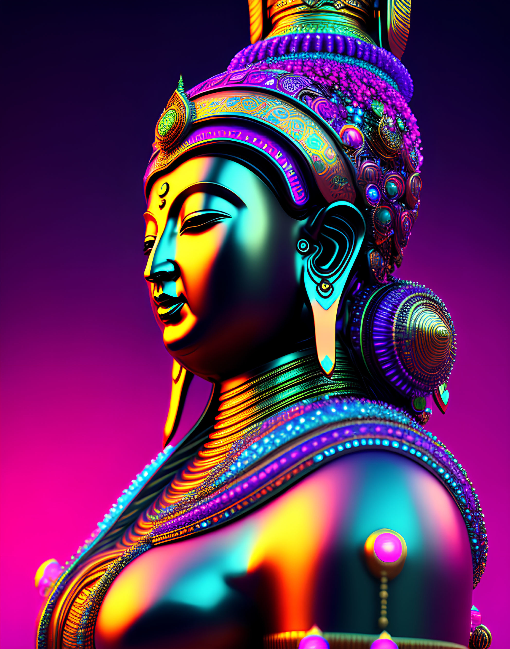 Colorful digital art portrait of a deity with detailed headgear and jewelry on gradient background