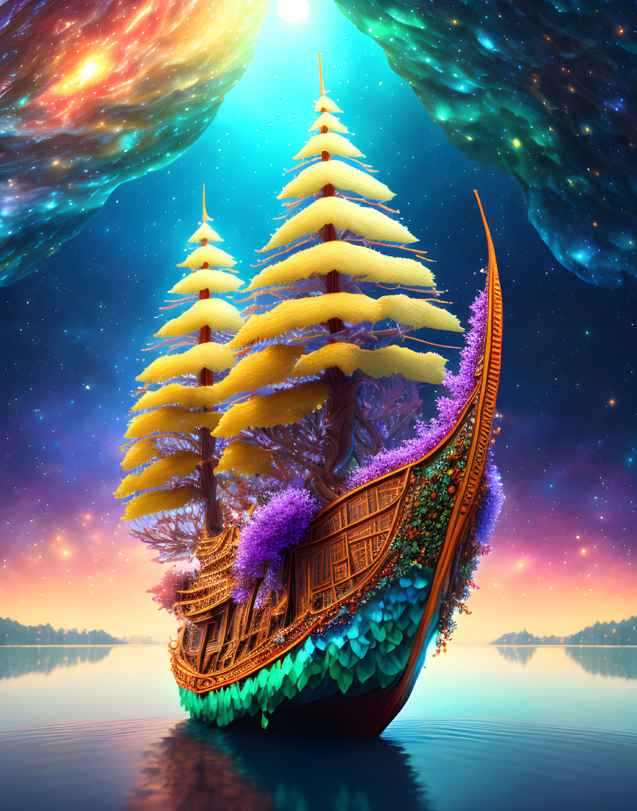 Vibrant trees on deck of fantastical ship sailing under cosmic sky