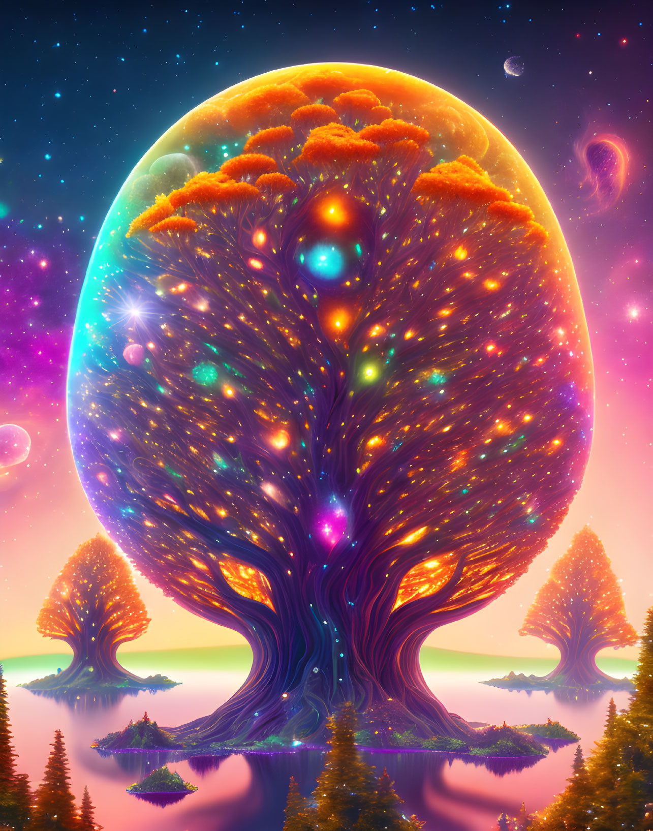 Colorful digital artwork: Cosmic tree with glowing leaves and orbs in starry sky