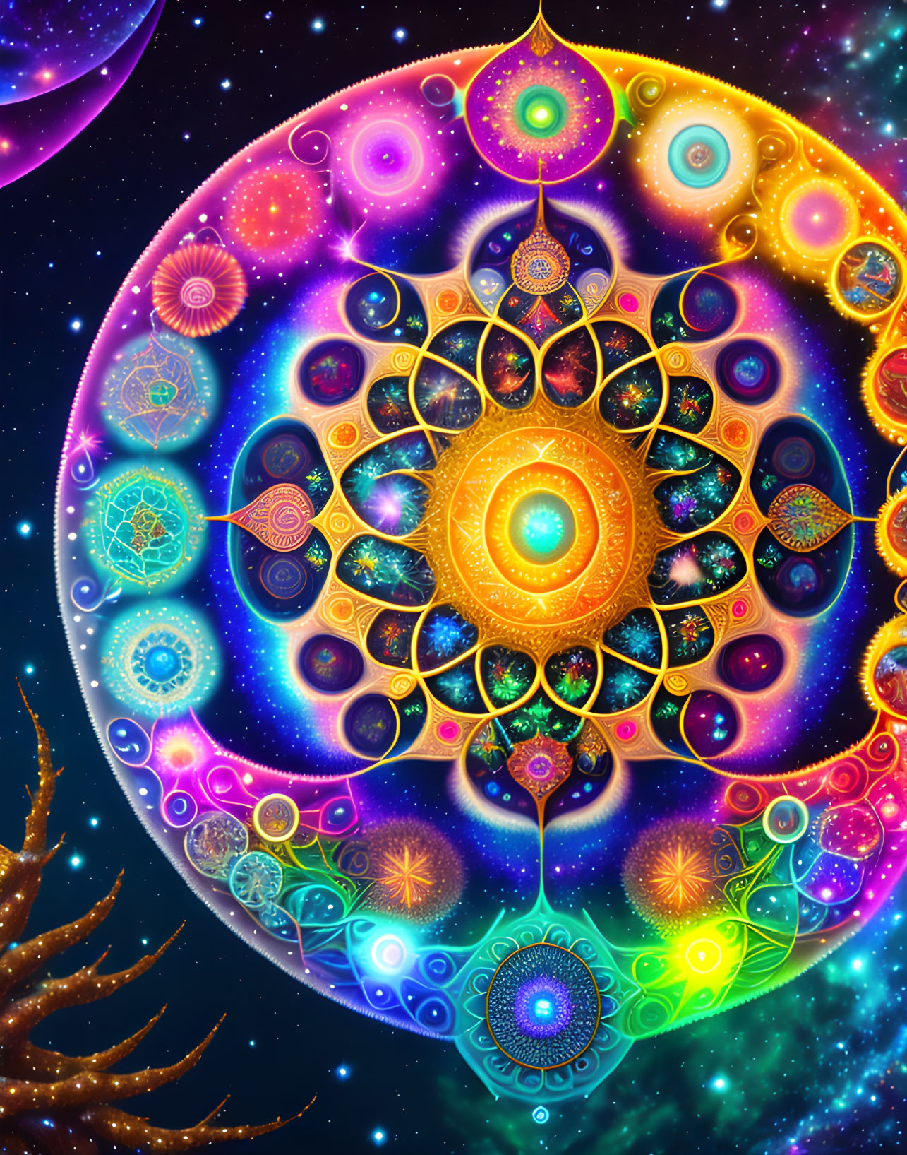 Colorful Mandala with Cosmic Patterns on Starry Background