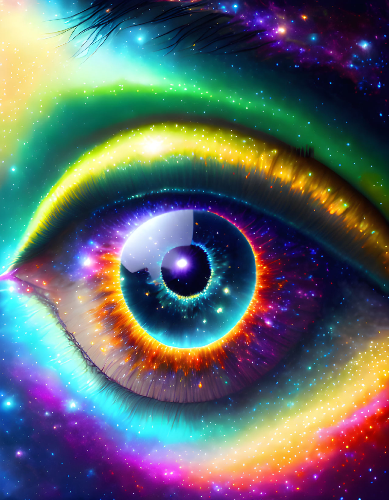 Cosmic eye with galaxy iris and neon colors in stardust backdrop