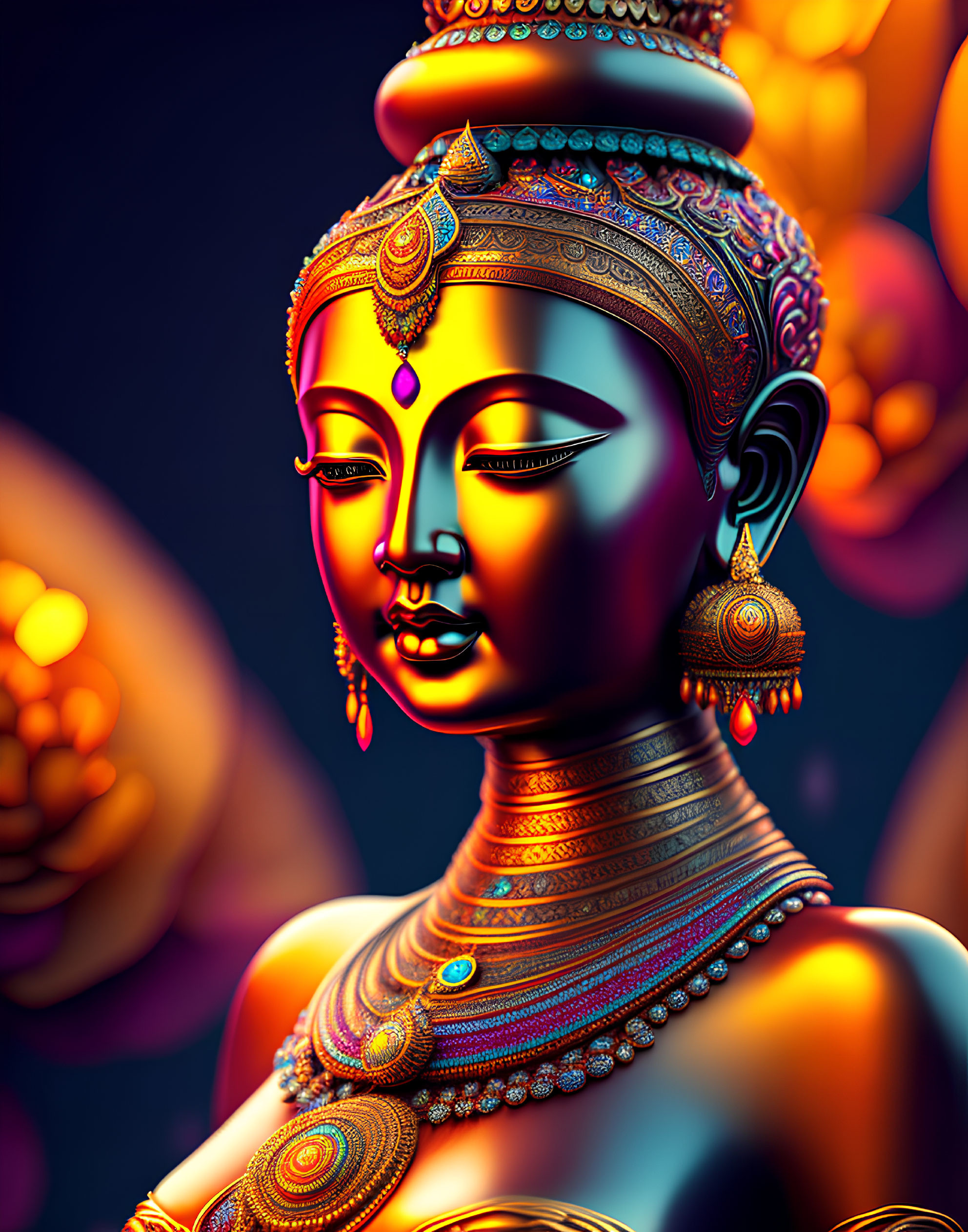 Vibrant digital artwork of stylized female figure with Indian adornments