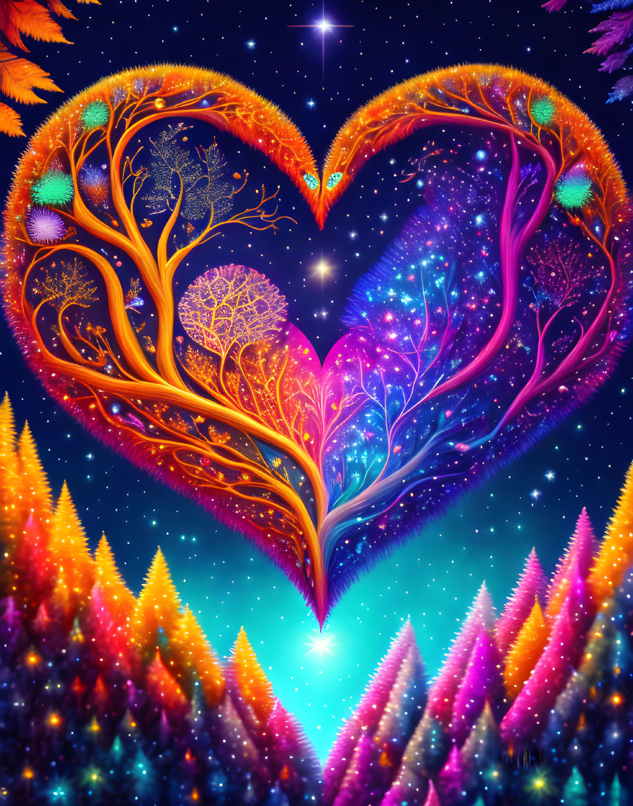 Colorful Heart-Shaped Tree Artwork with Autumn and Spring Themes