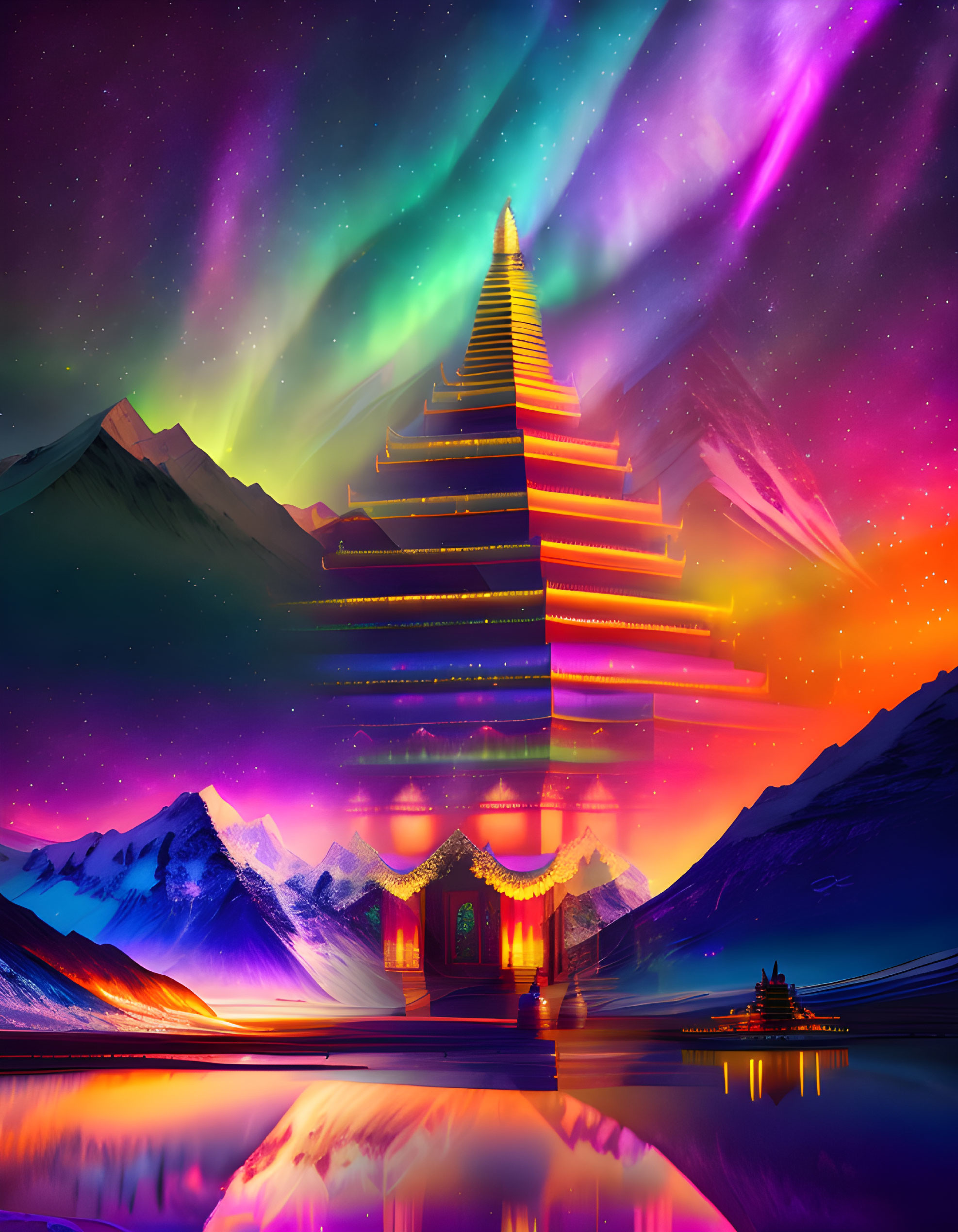 Digital artwork: Mystical pagoda under aurora sky by mountain lake