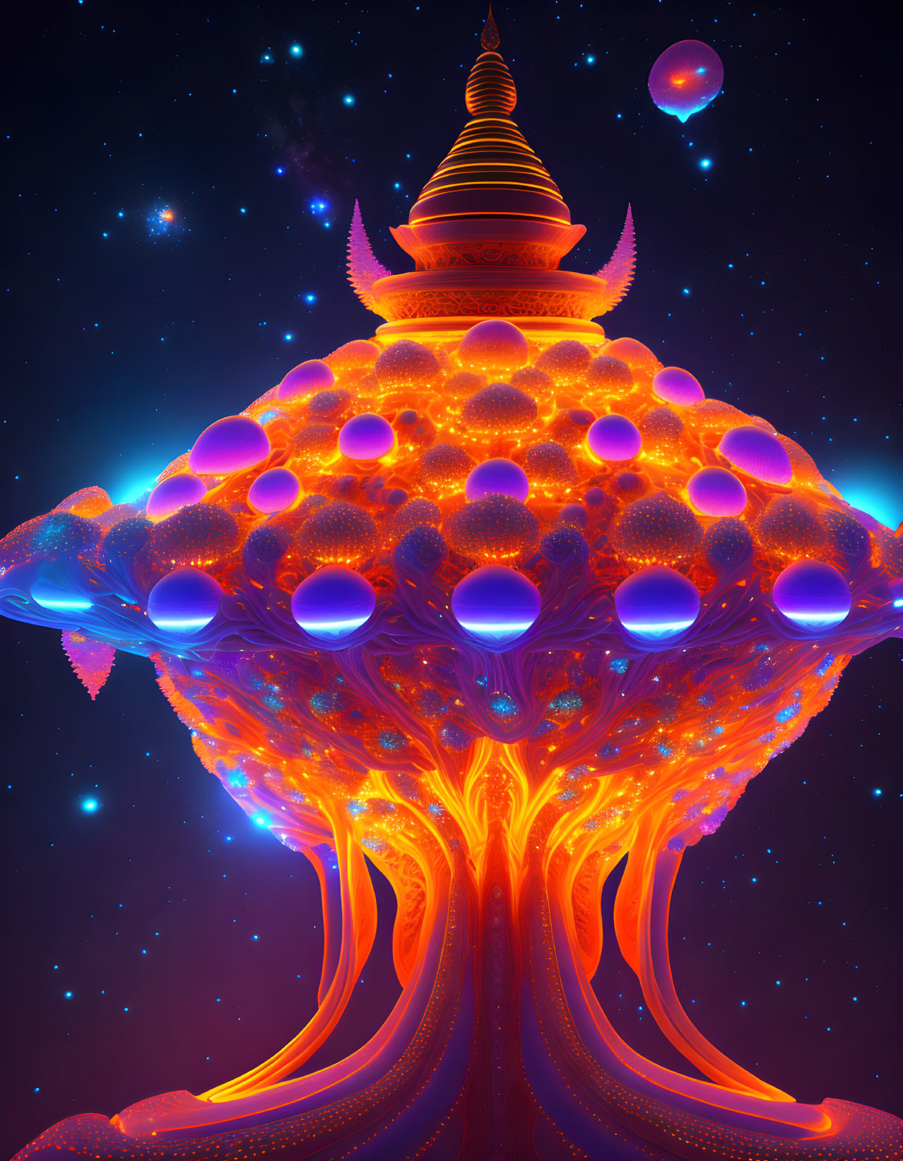 Fantastical digital artwork: Glowing orange tree with purple canopy