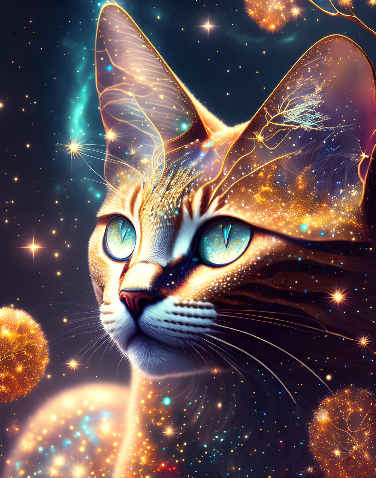 Cosmic cat digital illustration with galaxy-themed fur and eyes