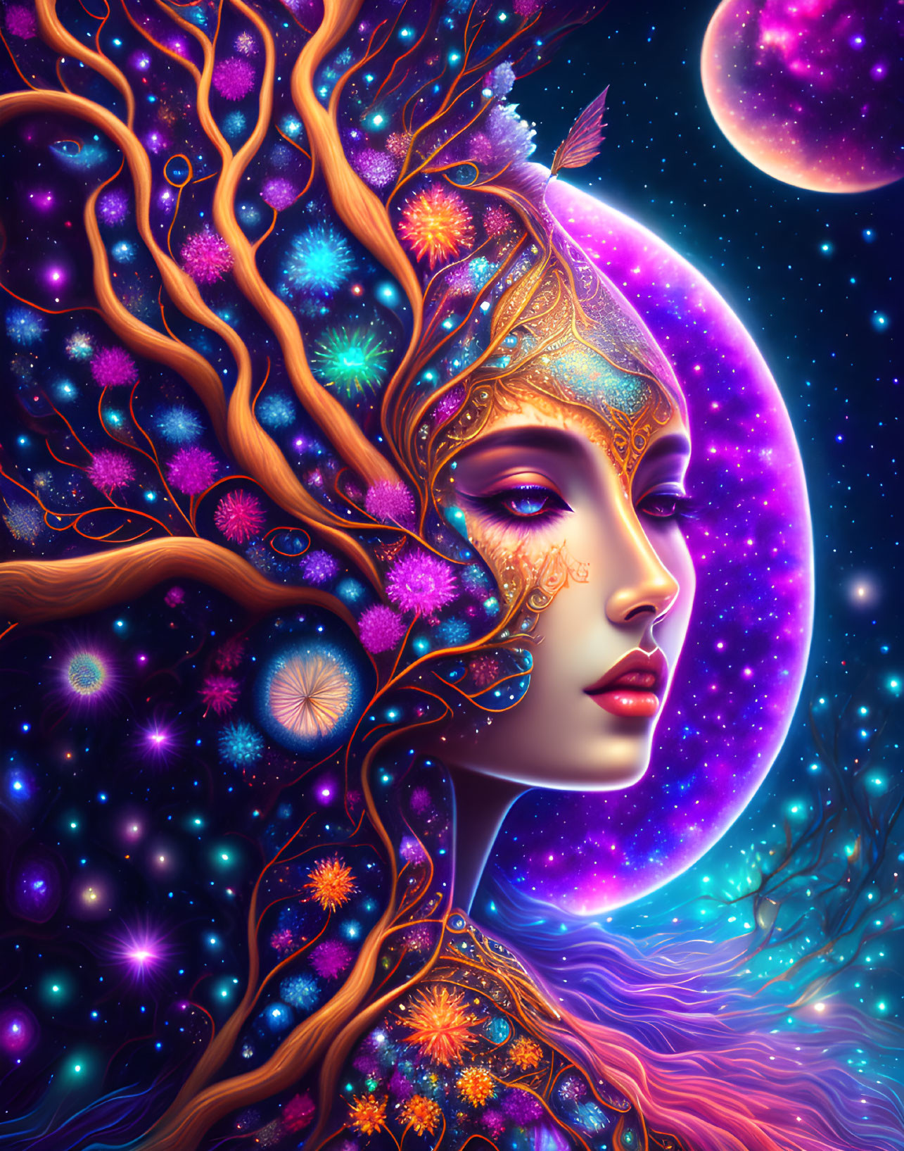 Mystical female figure with cosmic features and ornate headpiece in neon space setting