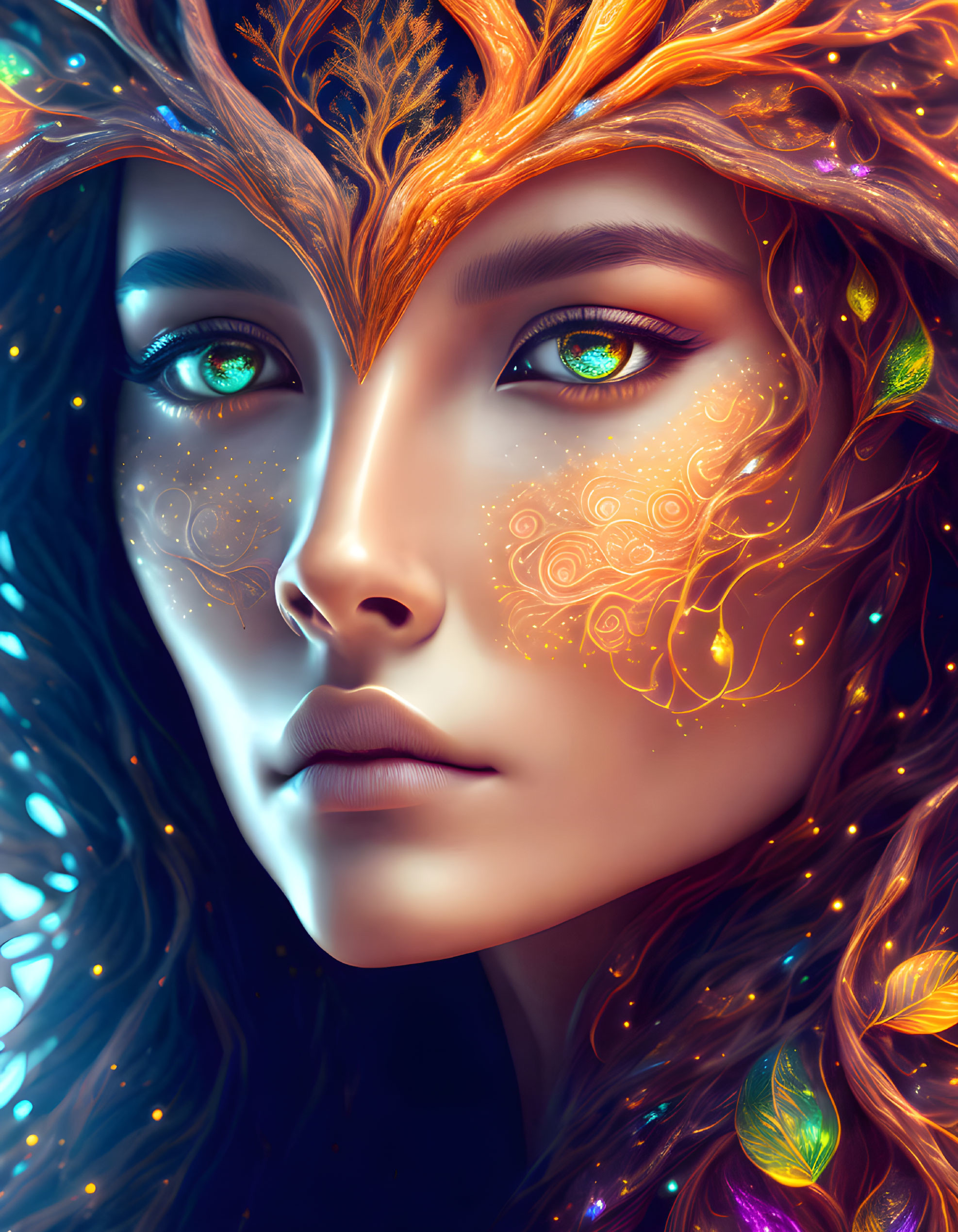 Colorful digital portrait of a woman with green eyes and ornate orange headdress.