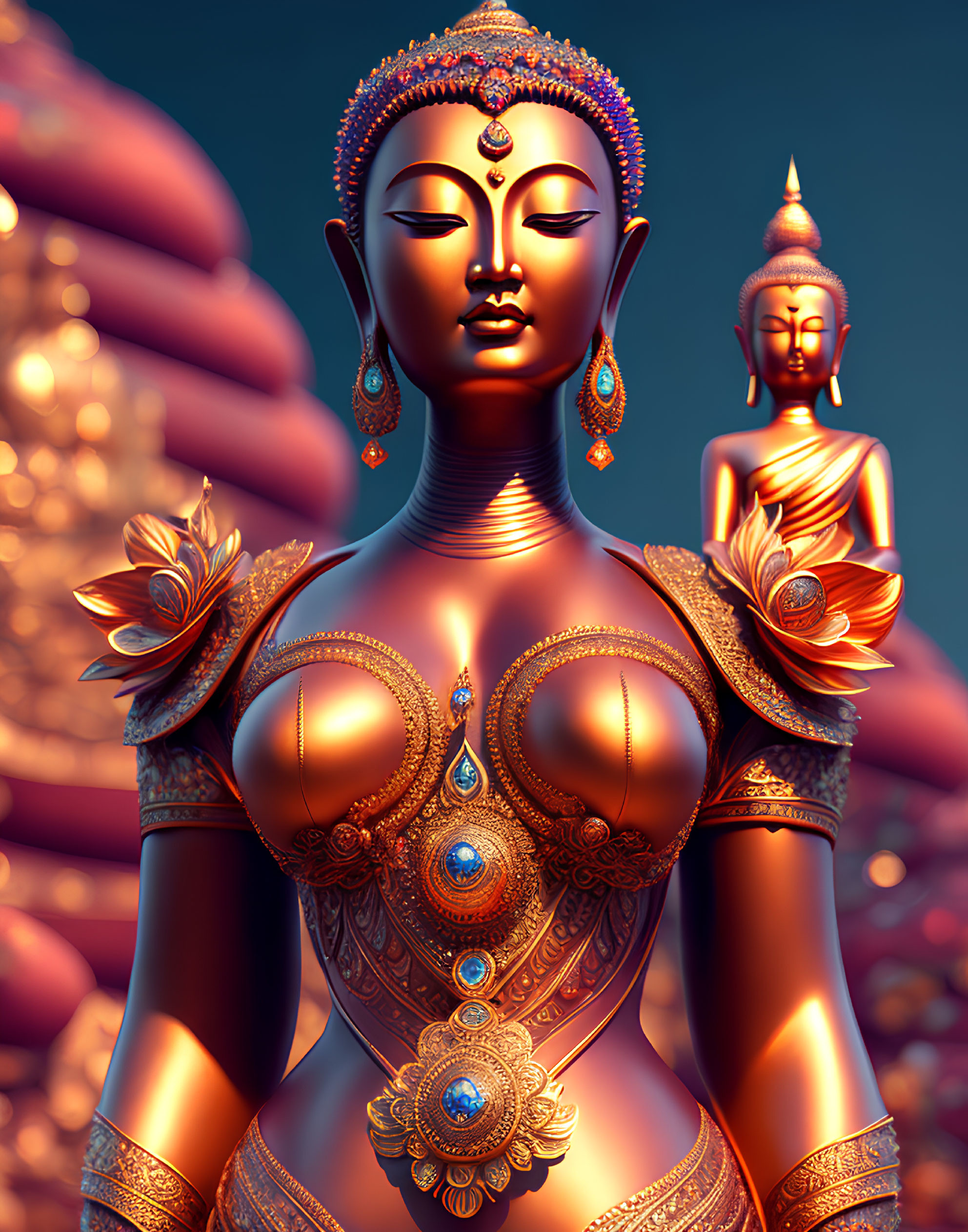 Golden female Buddha figures in ornate jewelry against warm backdrop