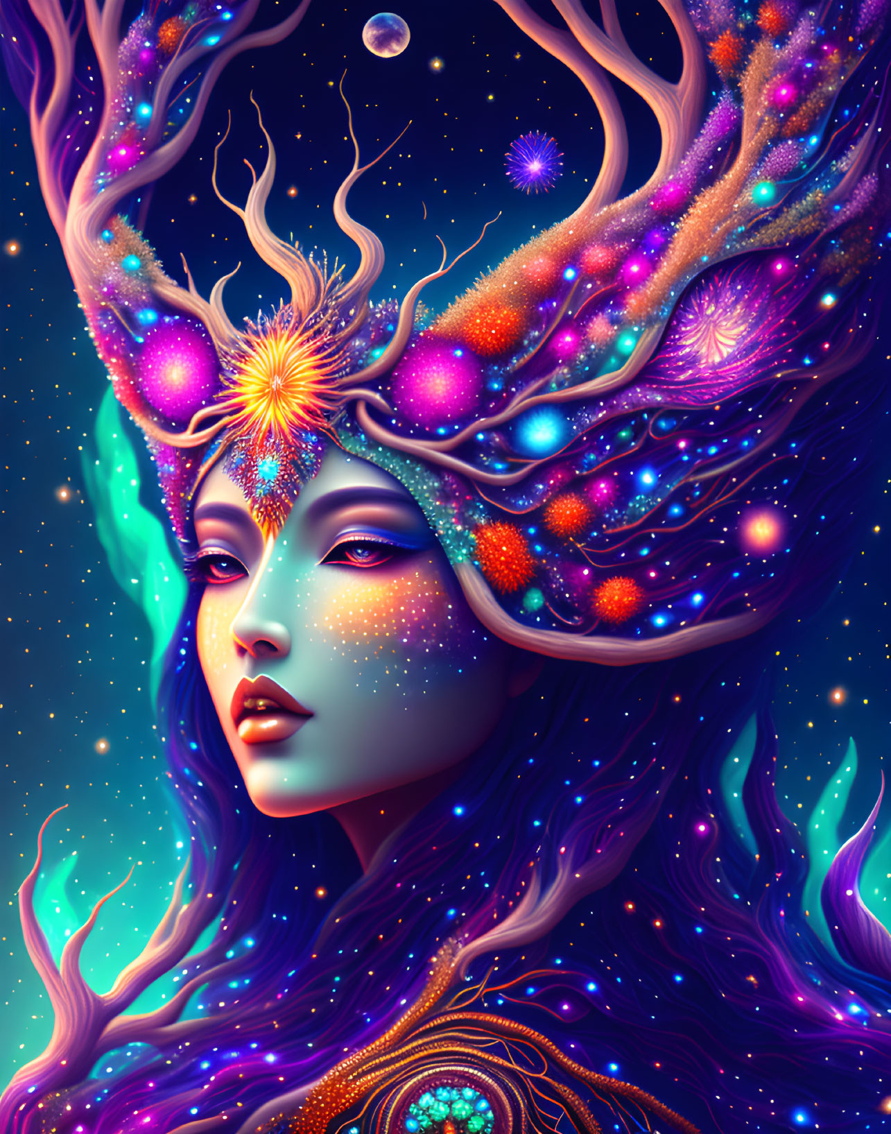 Digital artwork: Woman with cosmic hair & celestial adornments