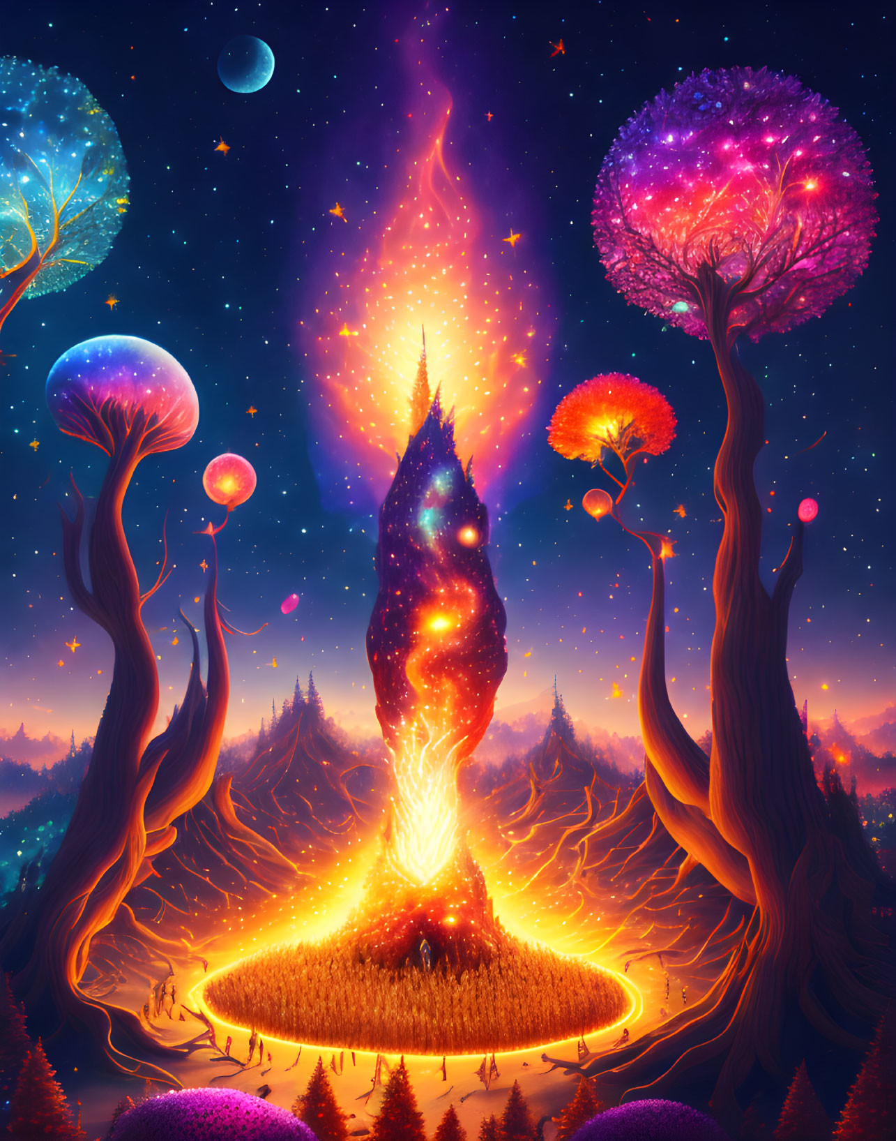 Digital artwork: Mystical forest with fiery tree, colorful trees, starry sky