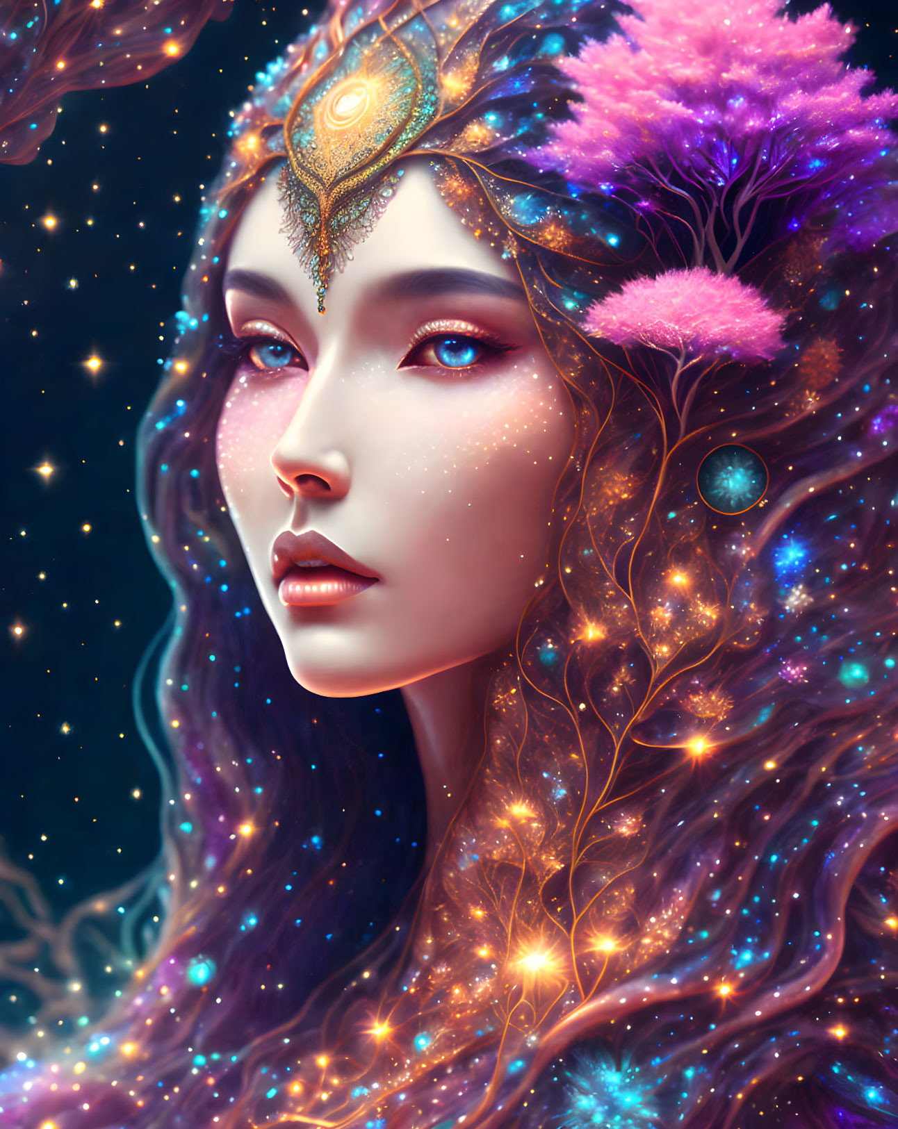 Digital artwork featuring woman with cosmic hair and golden headpiece among pink blossoms