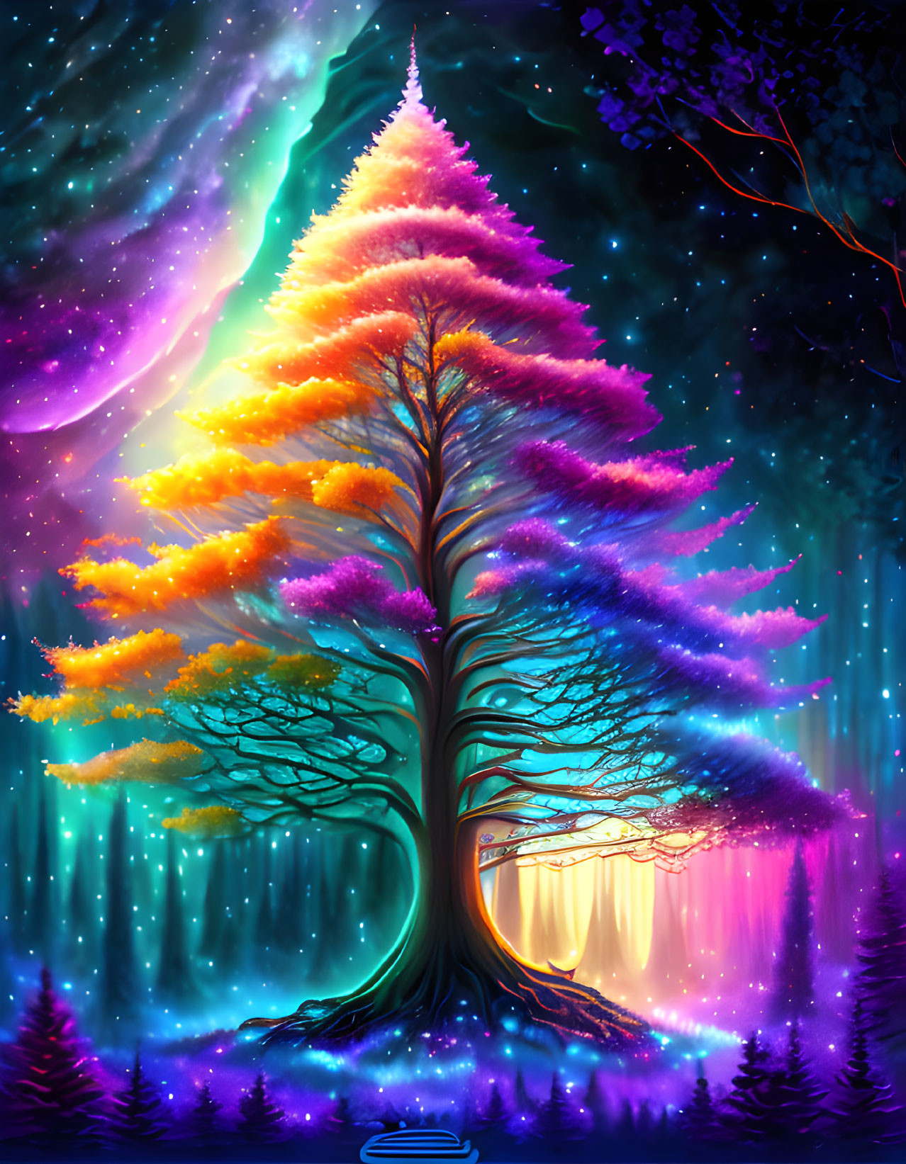 Colorful magical tree under starry sky with aurora lights & glowing waterfall