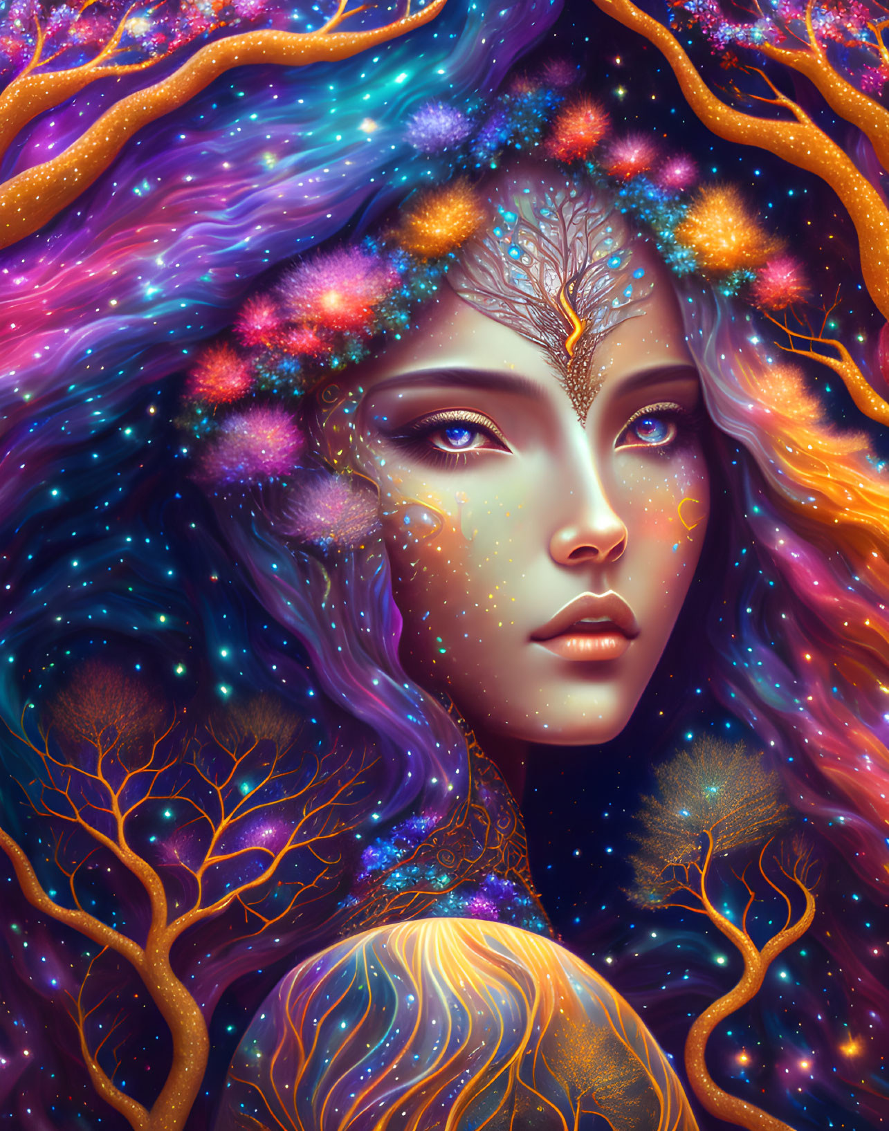 Cosmic-themed digital artwork of woman blending into starry space