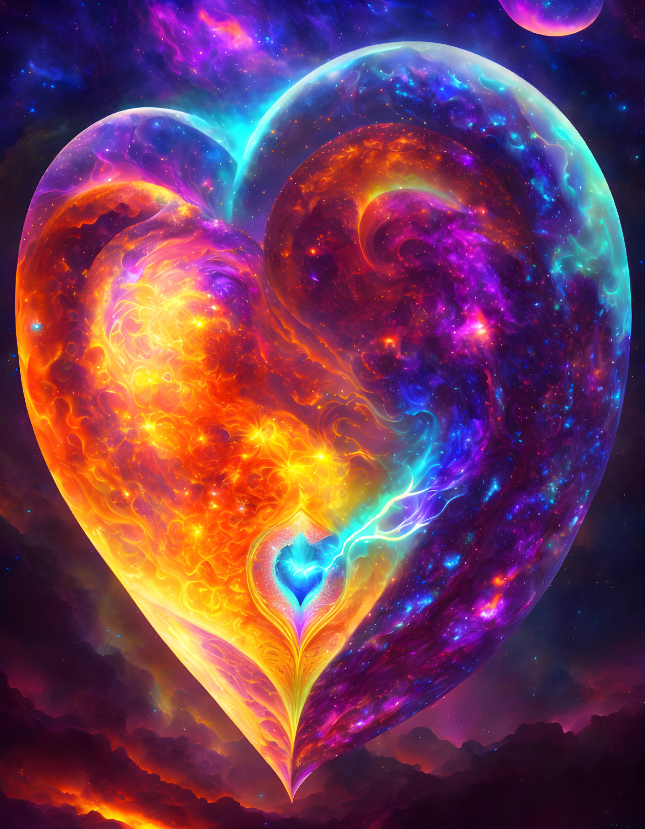 Colorful Heart-Shaped Nebula Artwork in Fiery Orange and Cool Purples