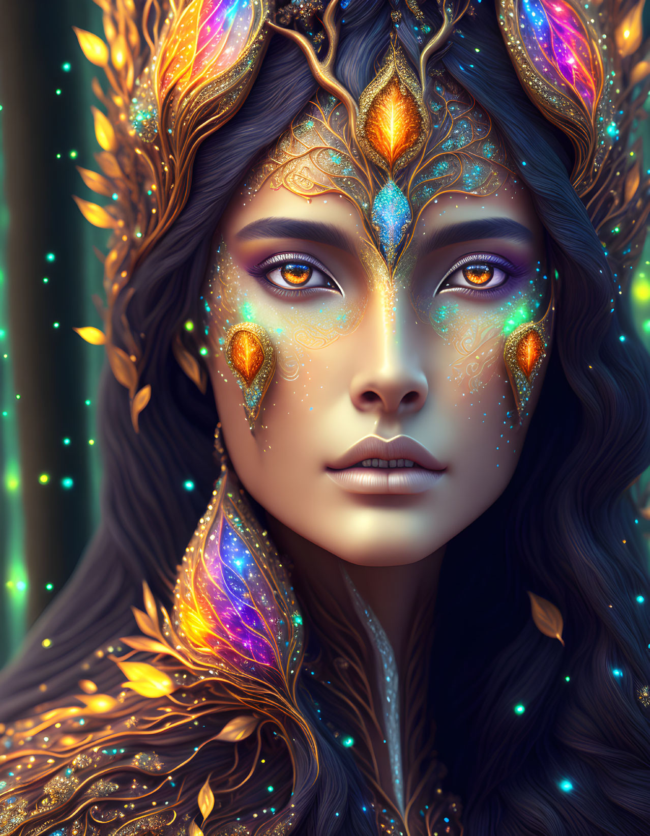 Detailed illustration of woman with ornate jewel-encrusted headdress, sparkling makeup, vibrant glowing