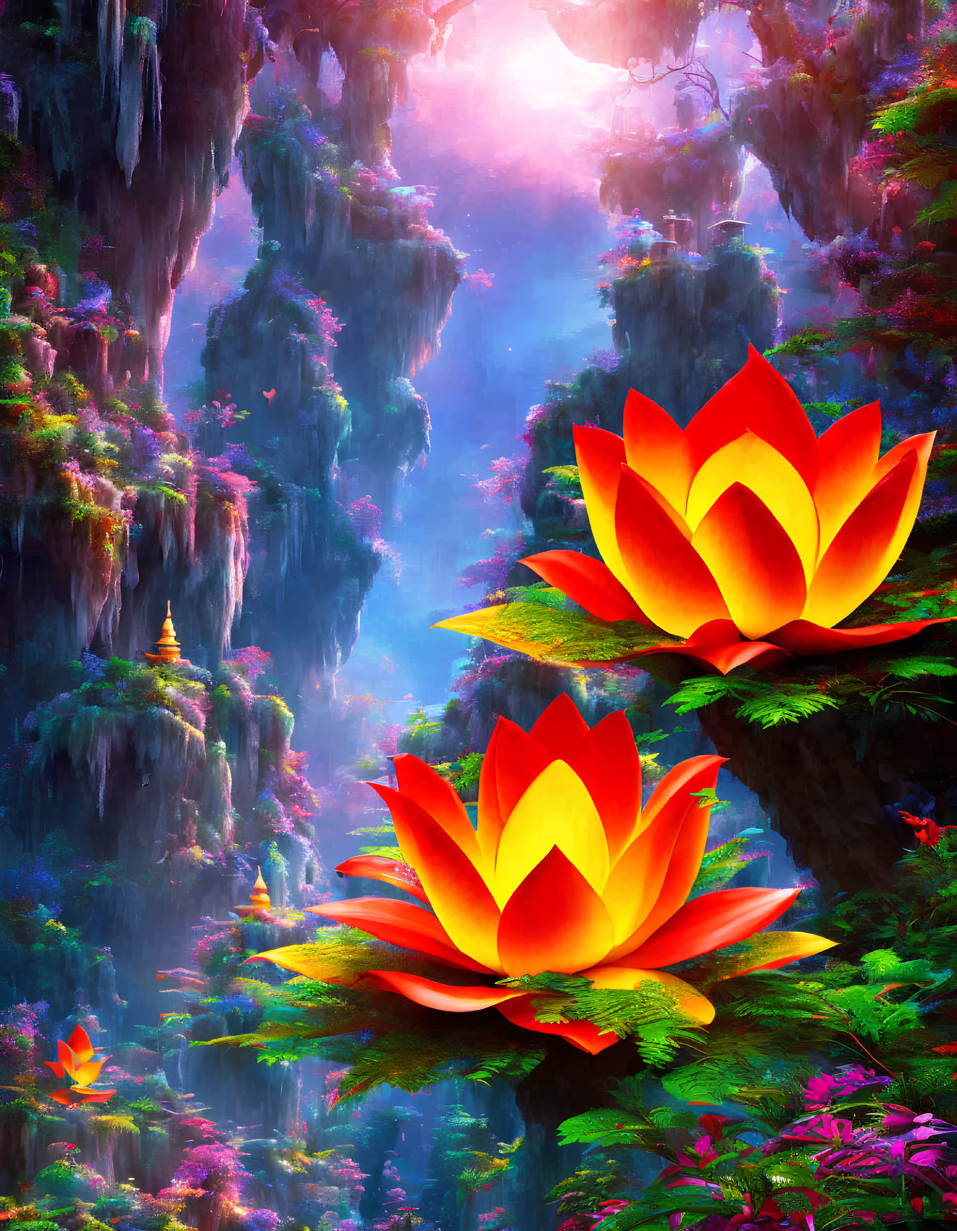 Lush Lotus Flowers on Mossy Rocks with Waterfalls and Pink Sky