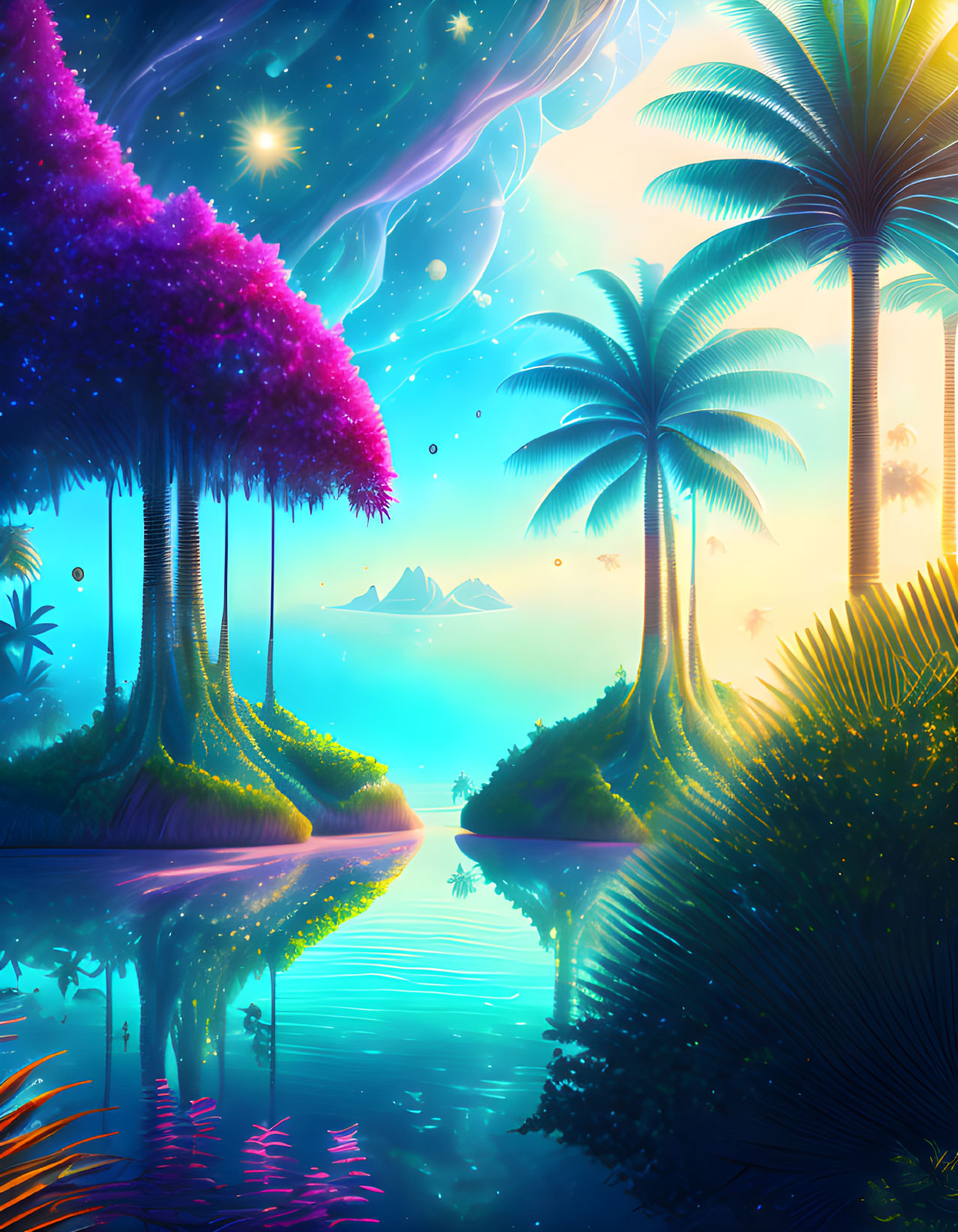 Colorful fantasy landscape with luminous trees, reflective river, and starry sky.