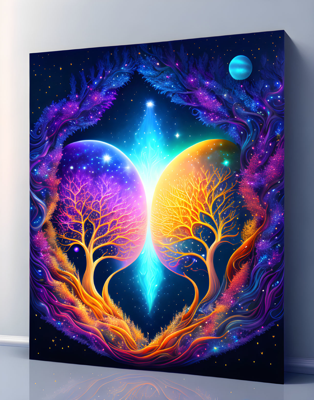 Colorful Cosmic Painting: Two Trees in Hourglass Shape Amid Celestial Backdrop