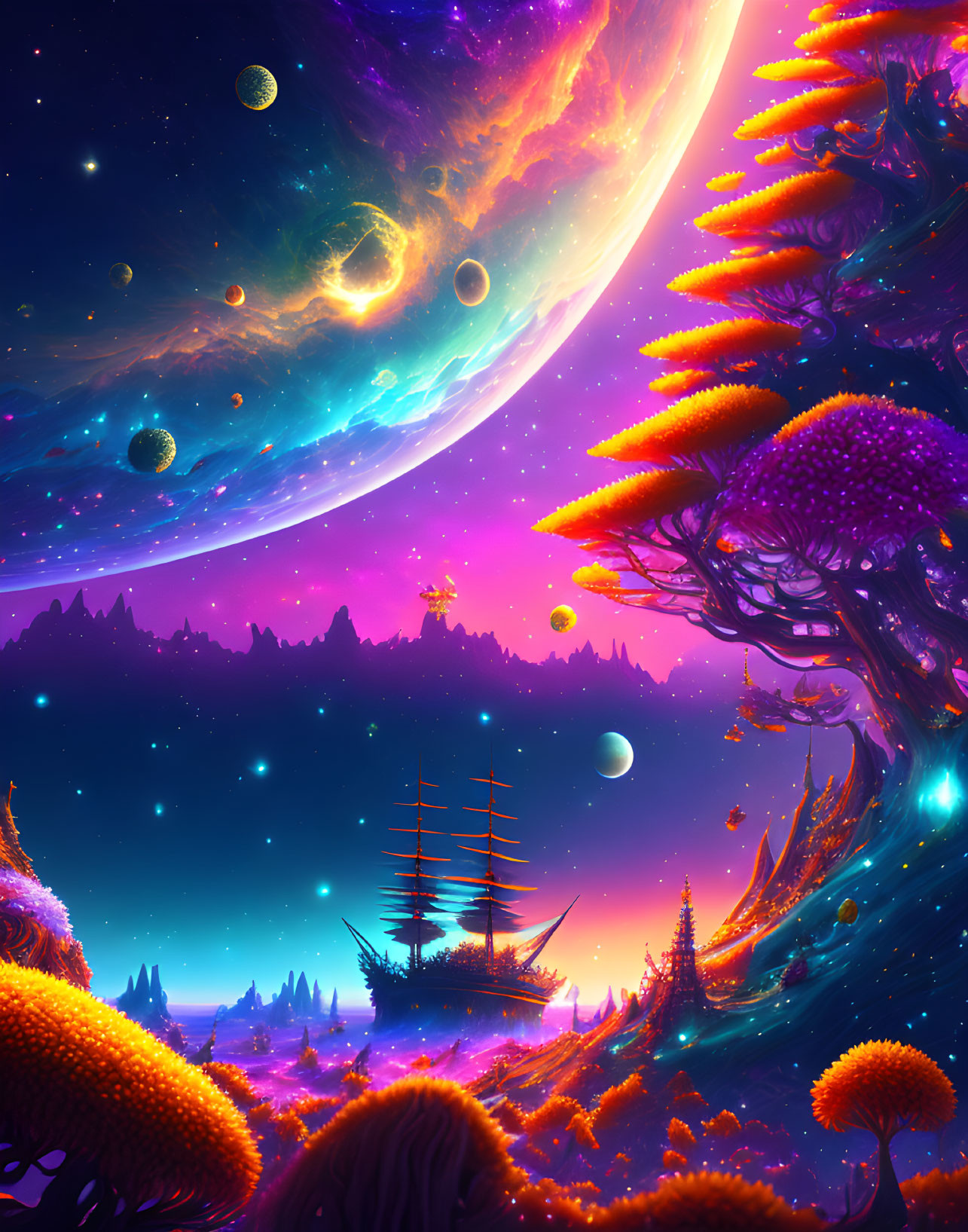 Colorful alien landscape with neon flora, spaceship, and celestial bodies