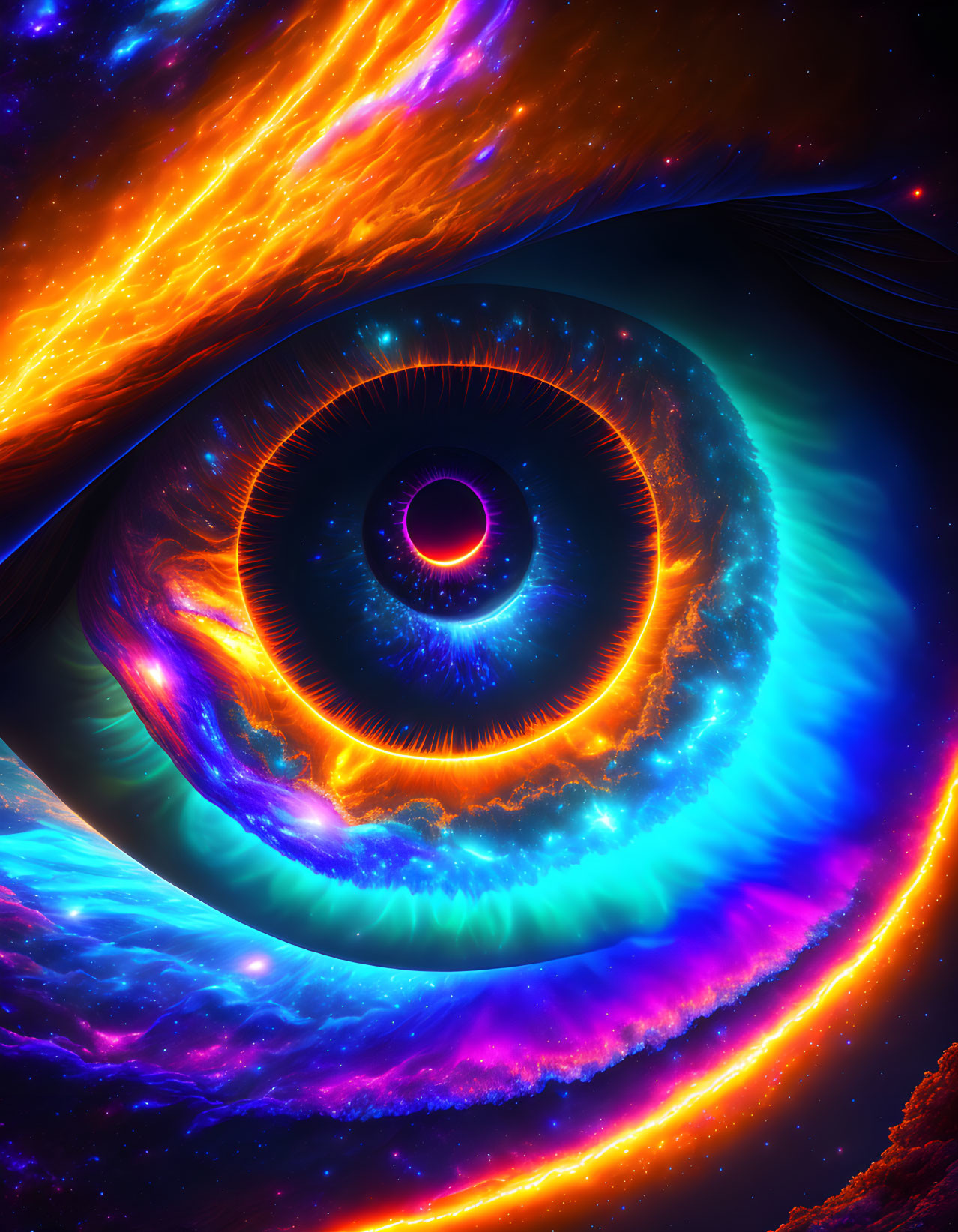 Colorful cosmic eye with swirling nebulas and fiery patterns in starry space