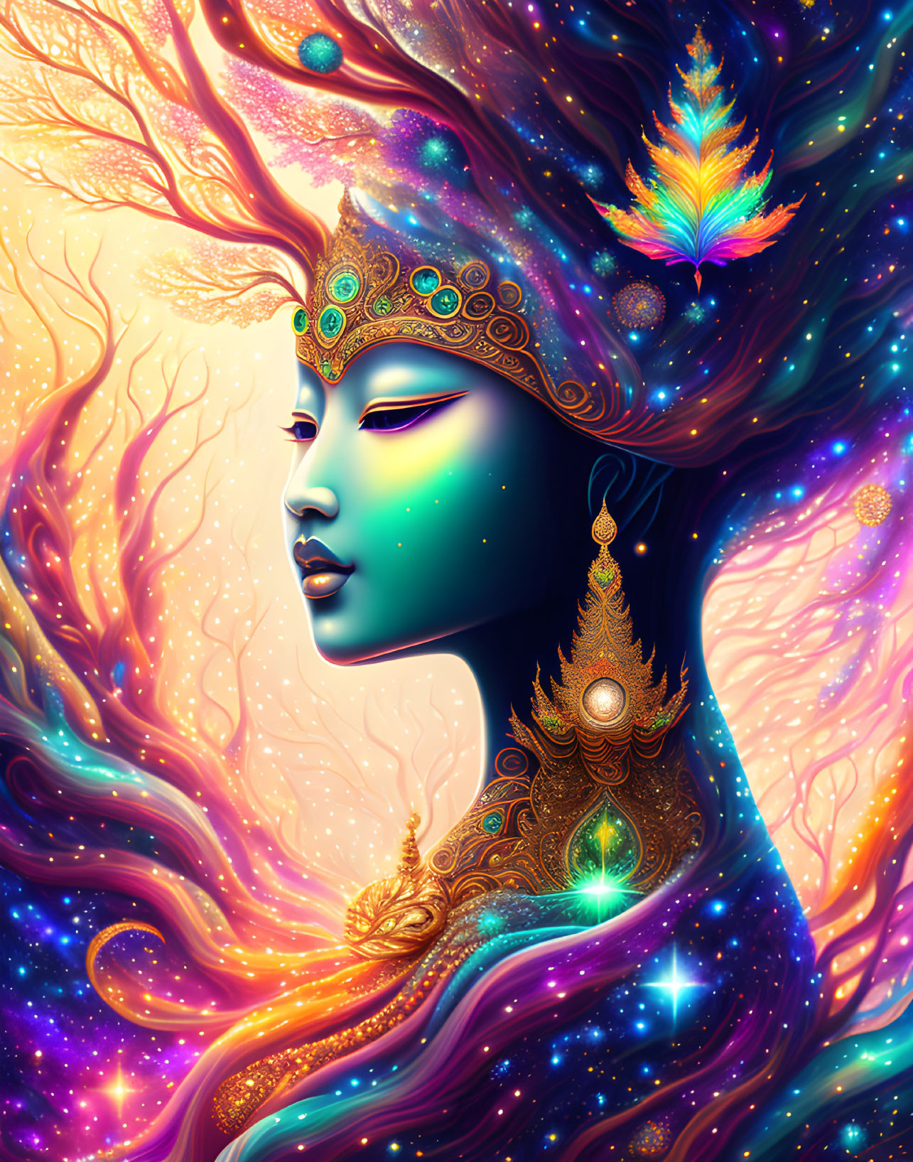 Colorful illustration of mystical woman with ornate jewelry and headdress in cosmic setting