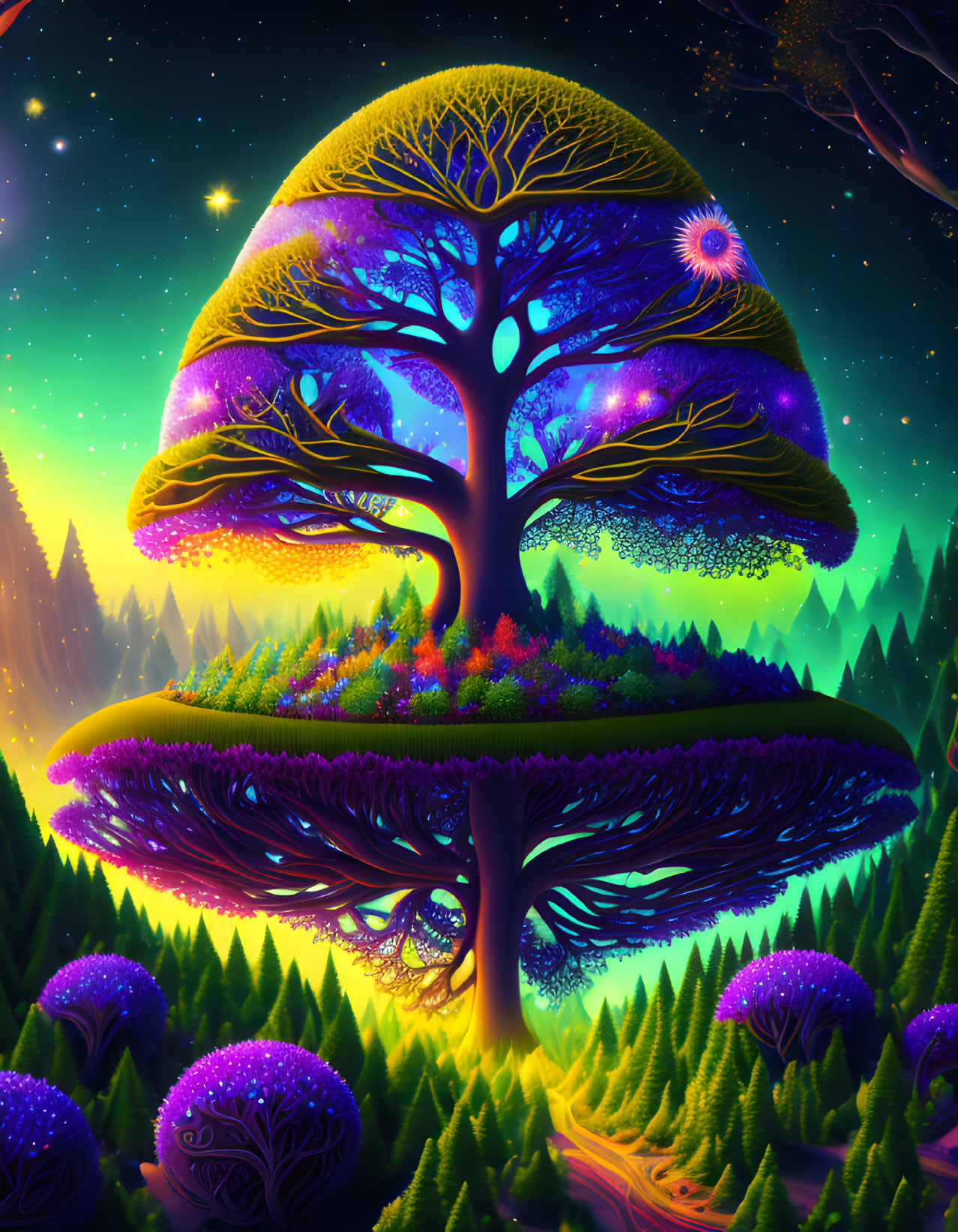 Fantastical oversized mushroom with tree in neon-lit forest